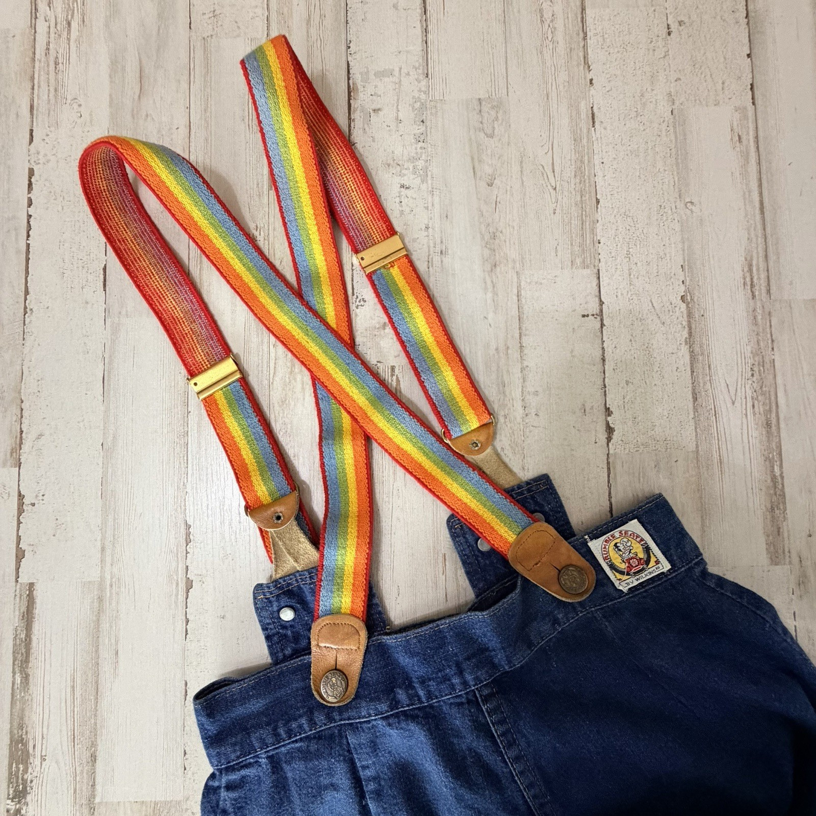 Rumble Seats Rainbow Overalls VINTAGE Size 2 27×34 Tall Denim Retro Festival
