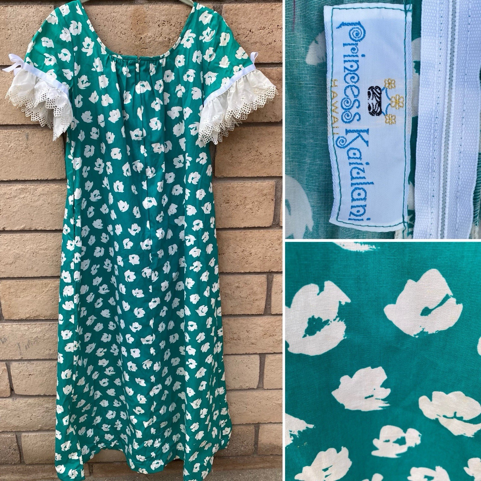 Princess Kaiulani Hawaiian Muumuu Dress Green Floral Lace Sleeves Vintage As Is