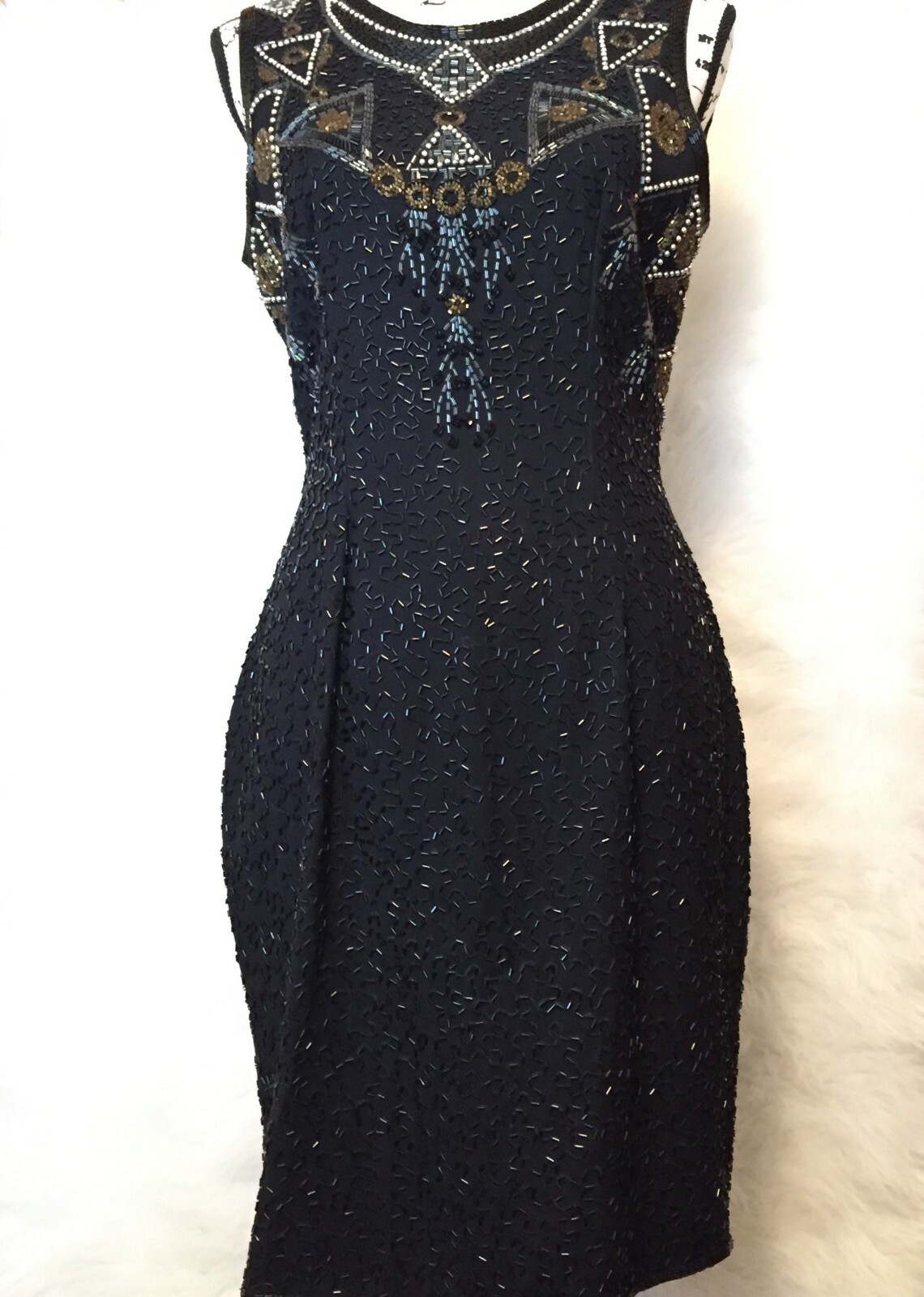 Vintage A.J. Black Formal Dress Gold and Silver Beaded Size 8 100% Wool