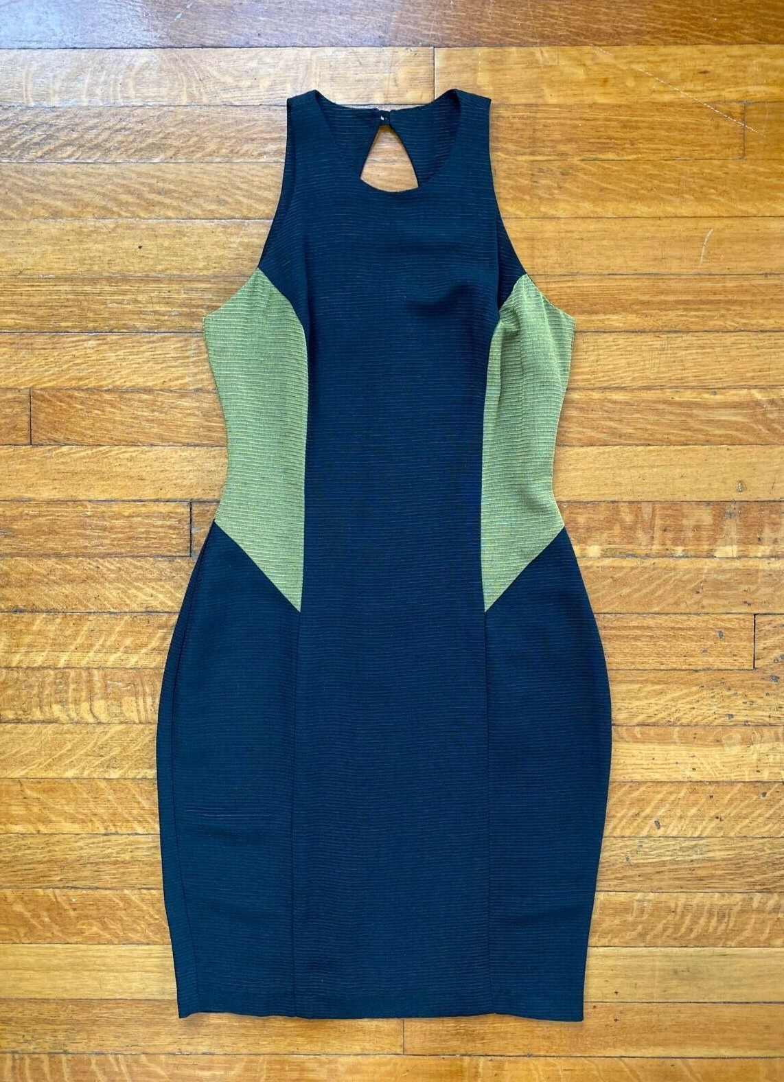 Vintage Early 1990s Black Gold Ribbed Bodycon LBD Cutout Dress
