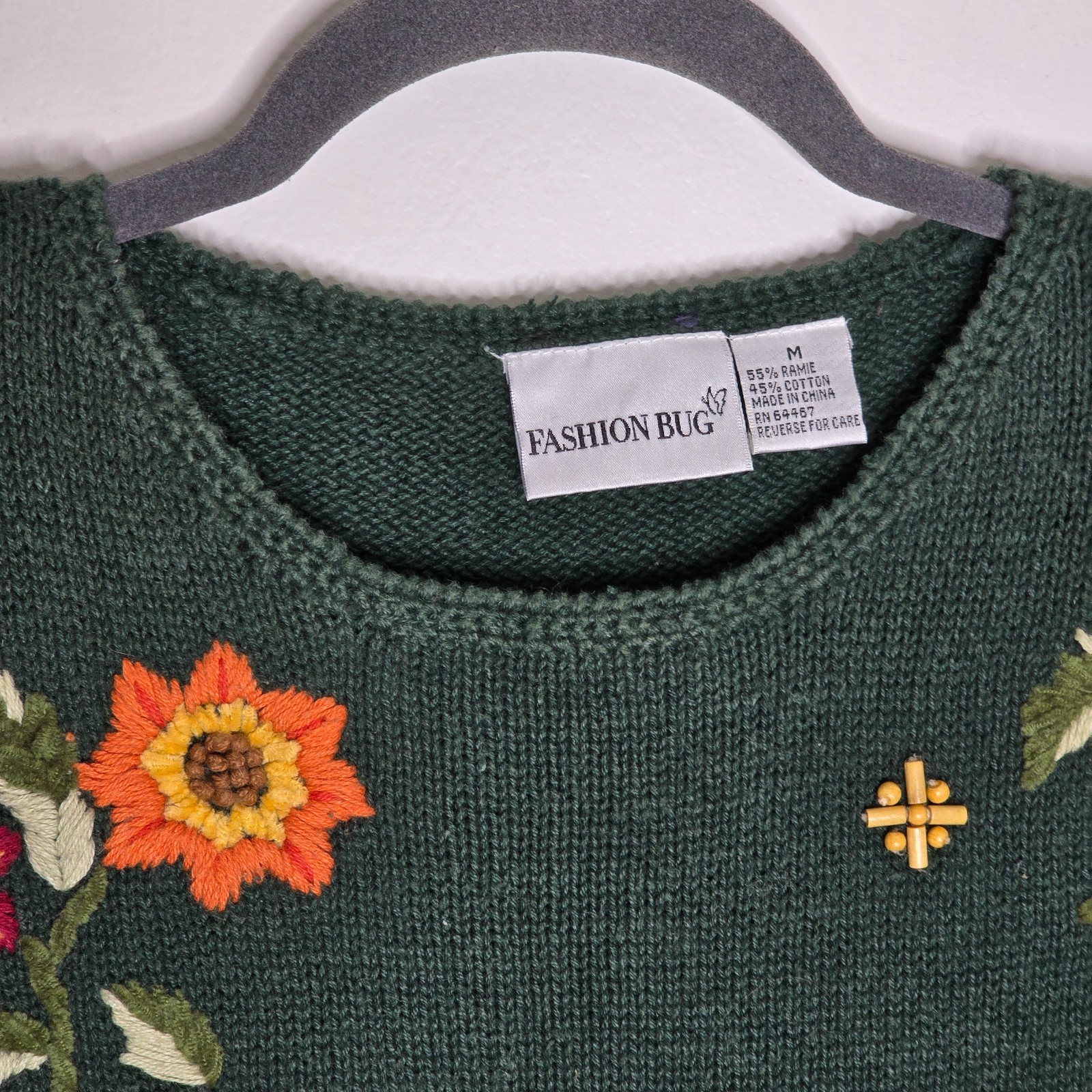 Fashion Bug 55% Ramie M Chunky Sweater Embroidery Beads Forest Fairy Earthy Boho