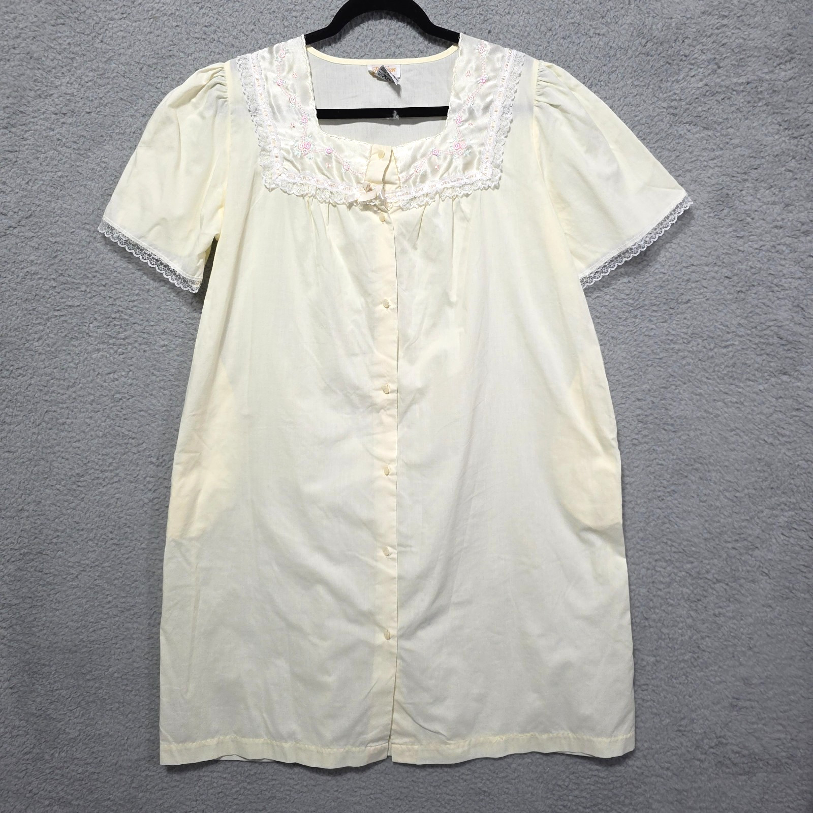 Vintage Barbizon Nightgown Dress Cotton Satin Lace Yellow Bow Embroidered M