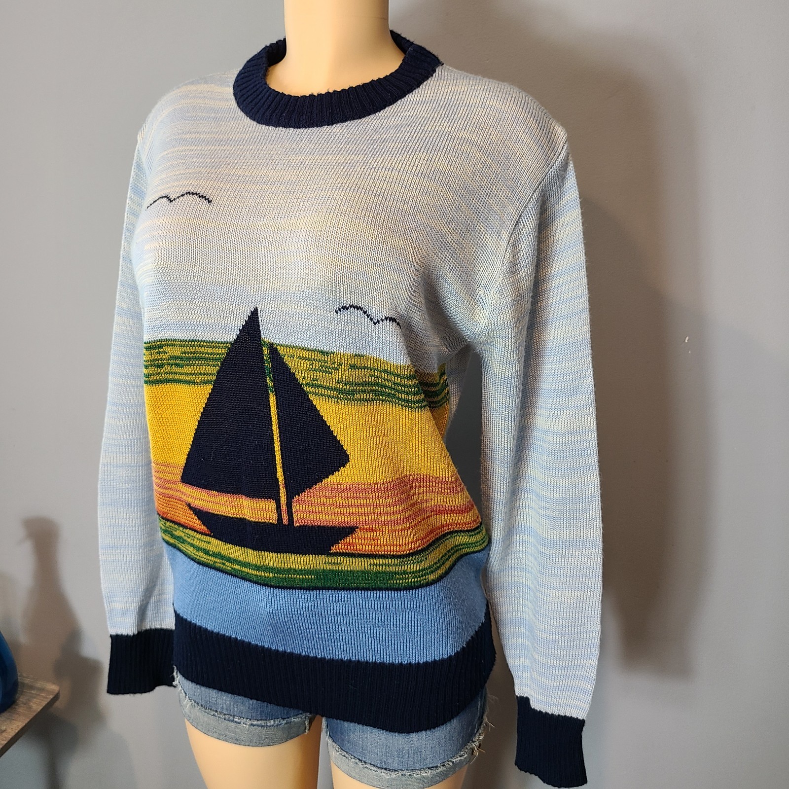 Vintage 70s Sailboat Sunset Sweater Coastal Size Large Nautical Granola Beach