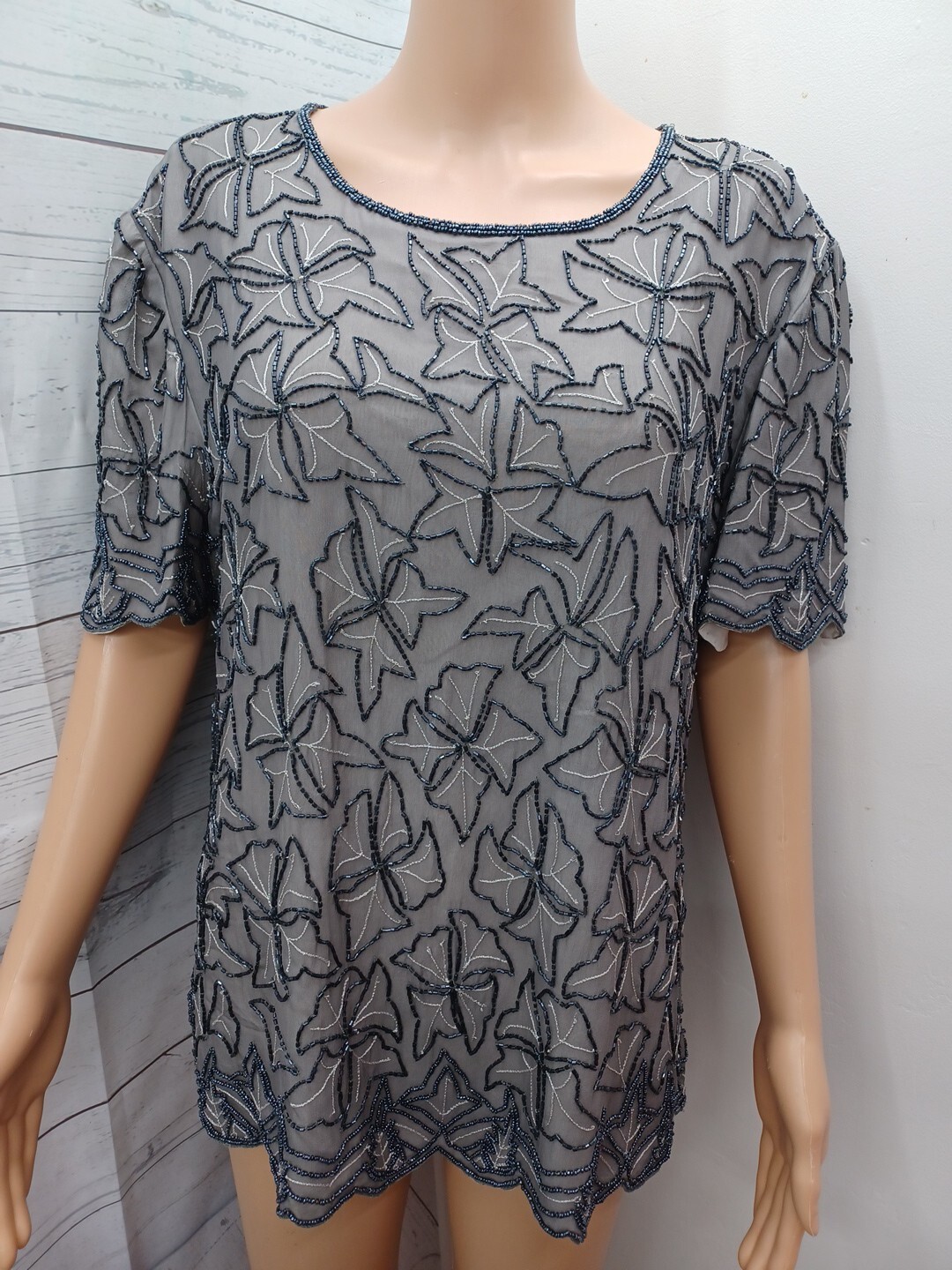 Vintage Cote d’ Azur Womens Blouse Top Black Gray Beaded Shirt Evening XL