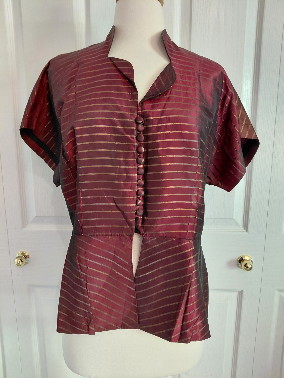 Vintage 1940s Volup Burgundy Gold Tafetta Blouse Top Button up Shirt Size XL
