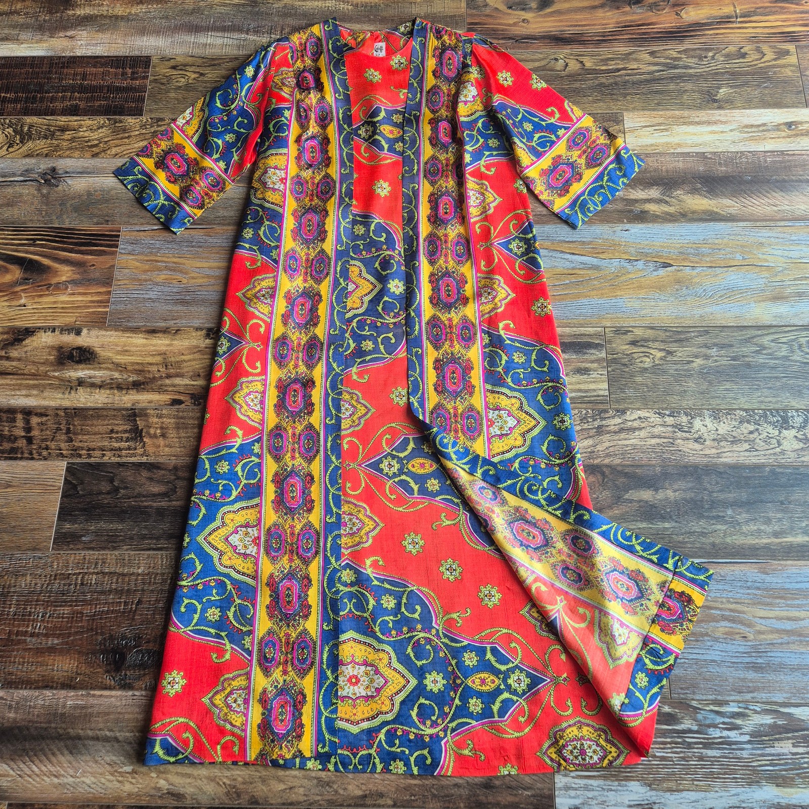 Vintage Lounge Craft Neon Psychedelic Maxi Hostess Kaftan Robe Dress Attached S