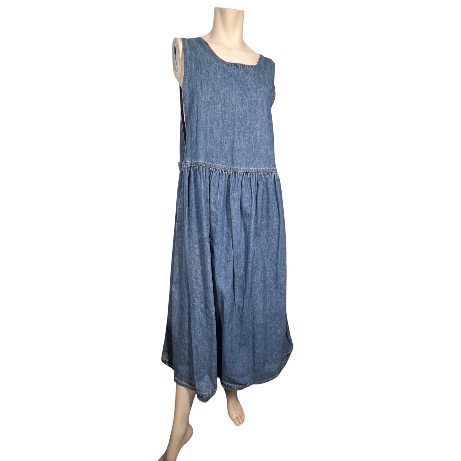 Vintage Denim Jumper Dress Women Size 14 Blue Pinafore Midi Cotton Drop Waist