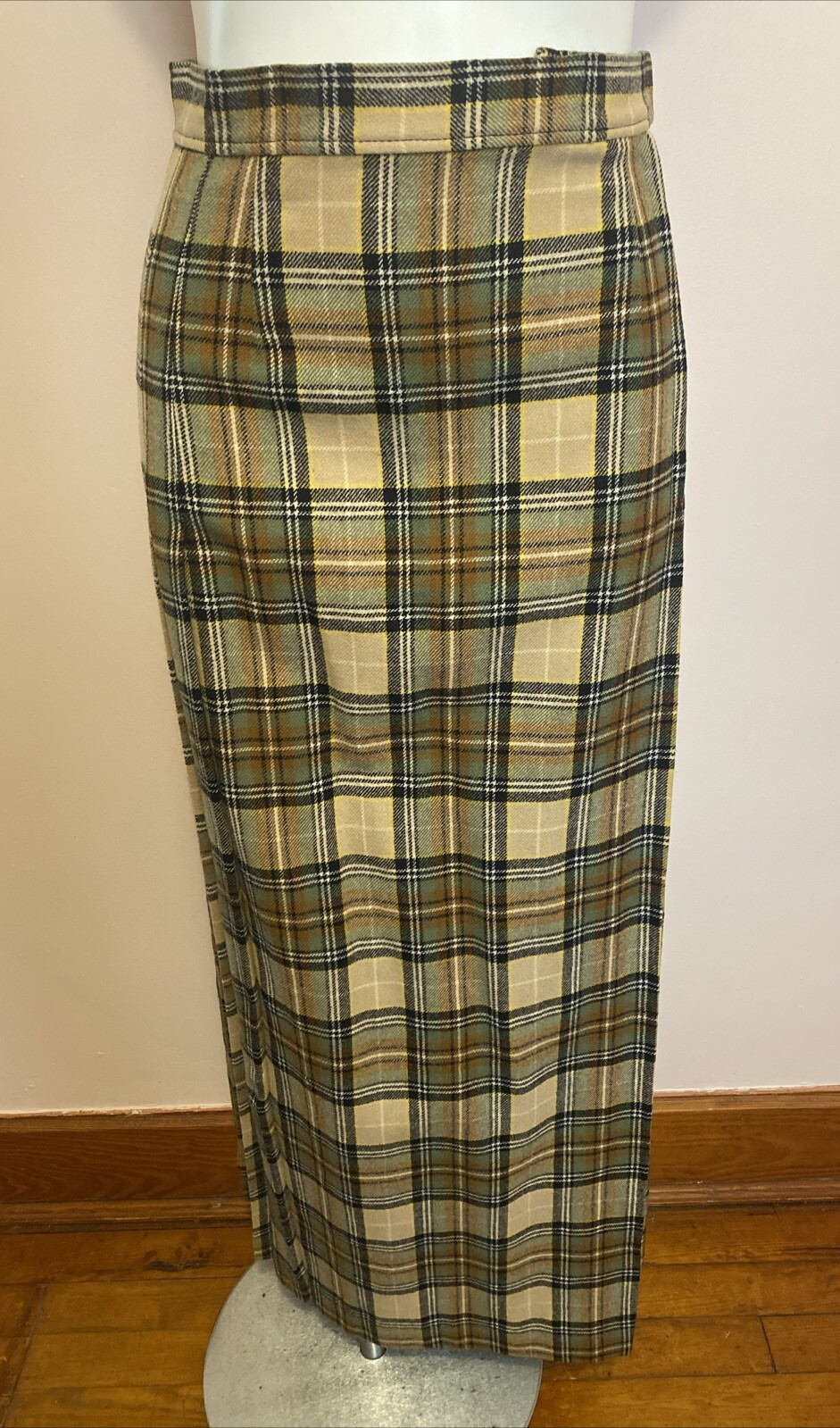 VTG 70s Young Pendleton Skirt Tan Green Pleat Plaid Maxi Long Wool Academia Med