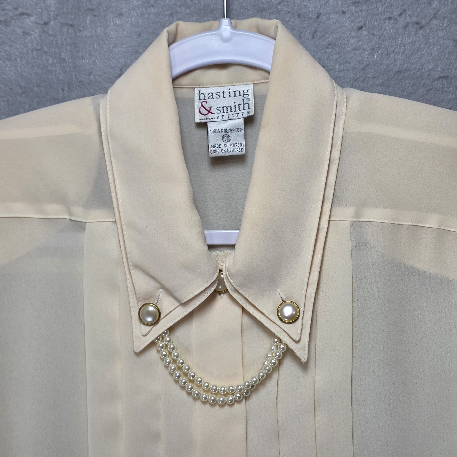 Vtg Hasting and Smith Sheer Blouse Womens 10P Secretary Pearls Yellow Proper 80s