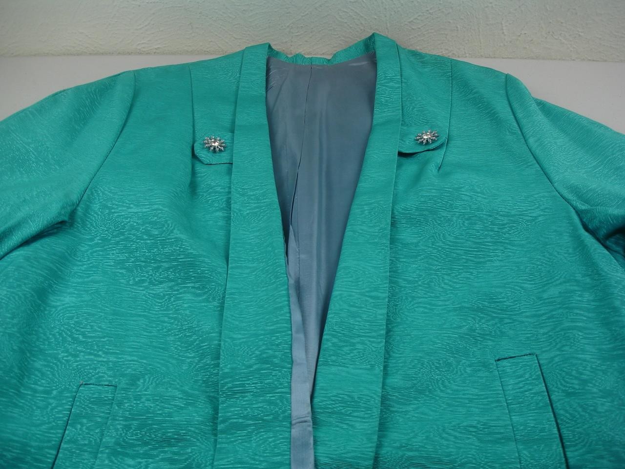 Women’s M L Vtg 1930’s Turquoise Art Deco Long Dress Opera Coat Open Front Cape
