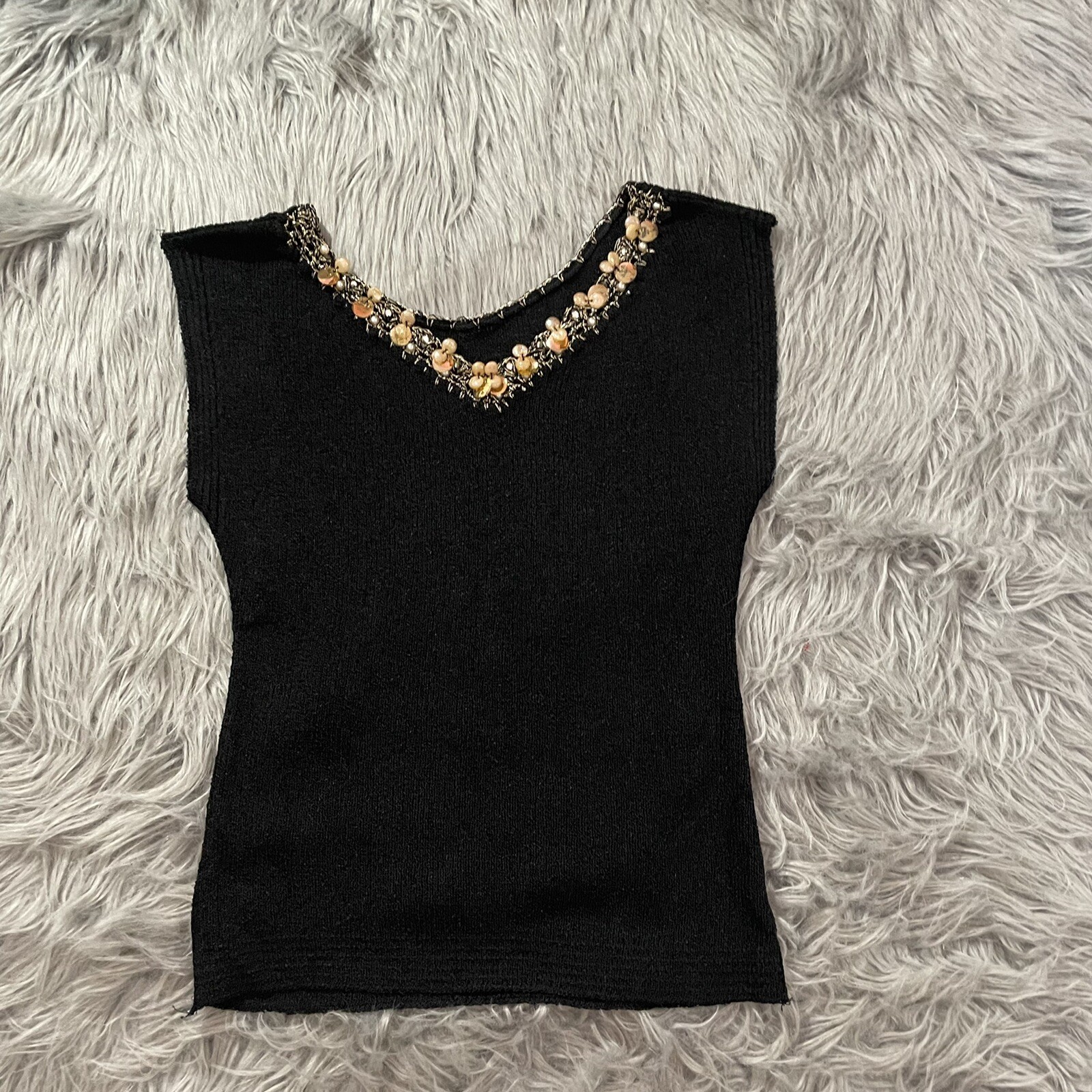 VTG 1960s Jane Colby Twiggy Tank Top Knitted Blouse Black Sequin Beaded Sz S