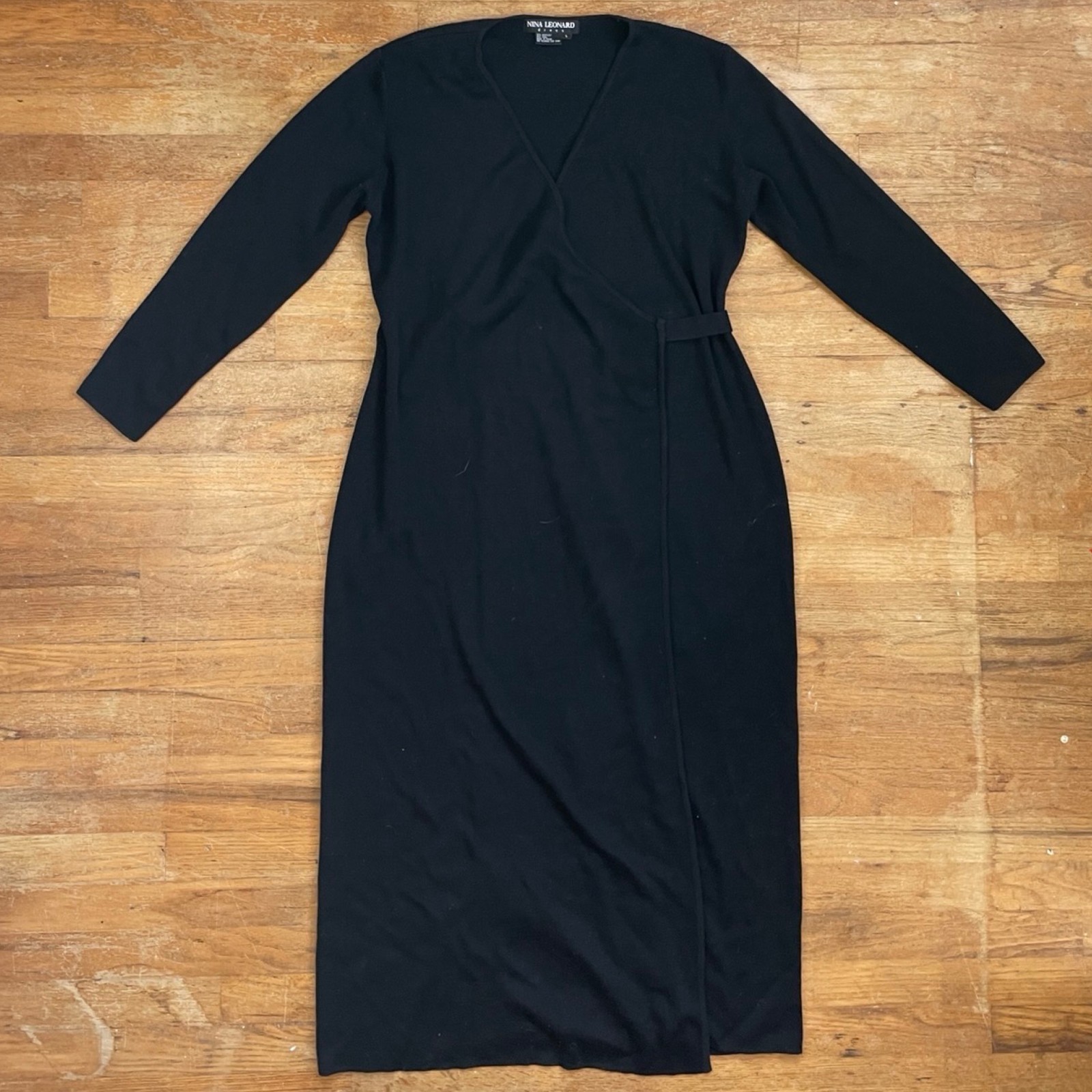 Vintage Nina Leonard Sweater Dress Size Large 90s Black Acrylic/Wool Wrap Maxi