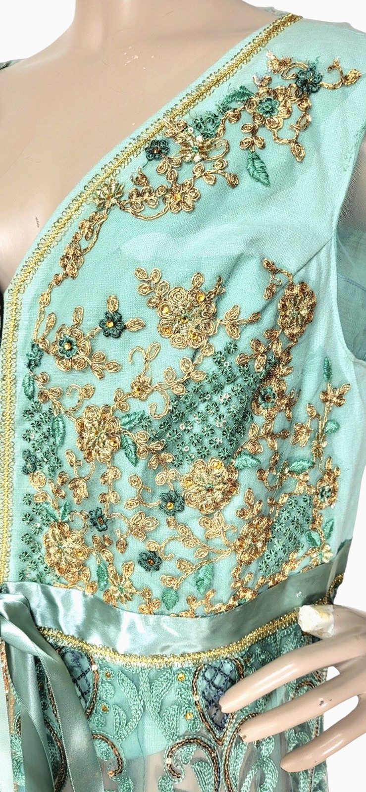 VTG Lace Tulle Metallic Gold Embroidered Bead Embellished Duster Belted Jacket
