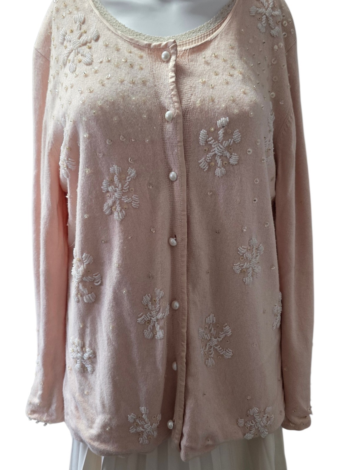 VTG Storybook Knits Silk Cashmere Beaded Snowflake Cardigan Pink XL Christmas