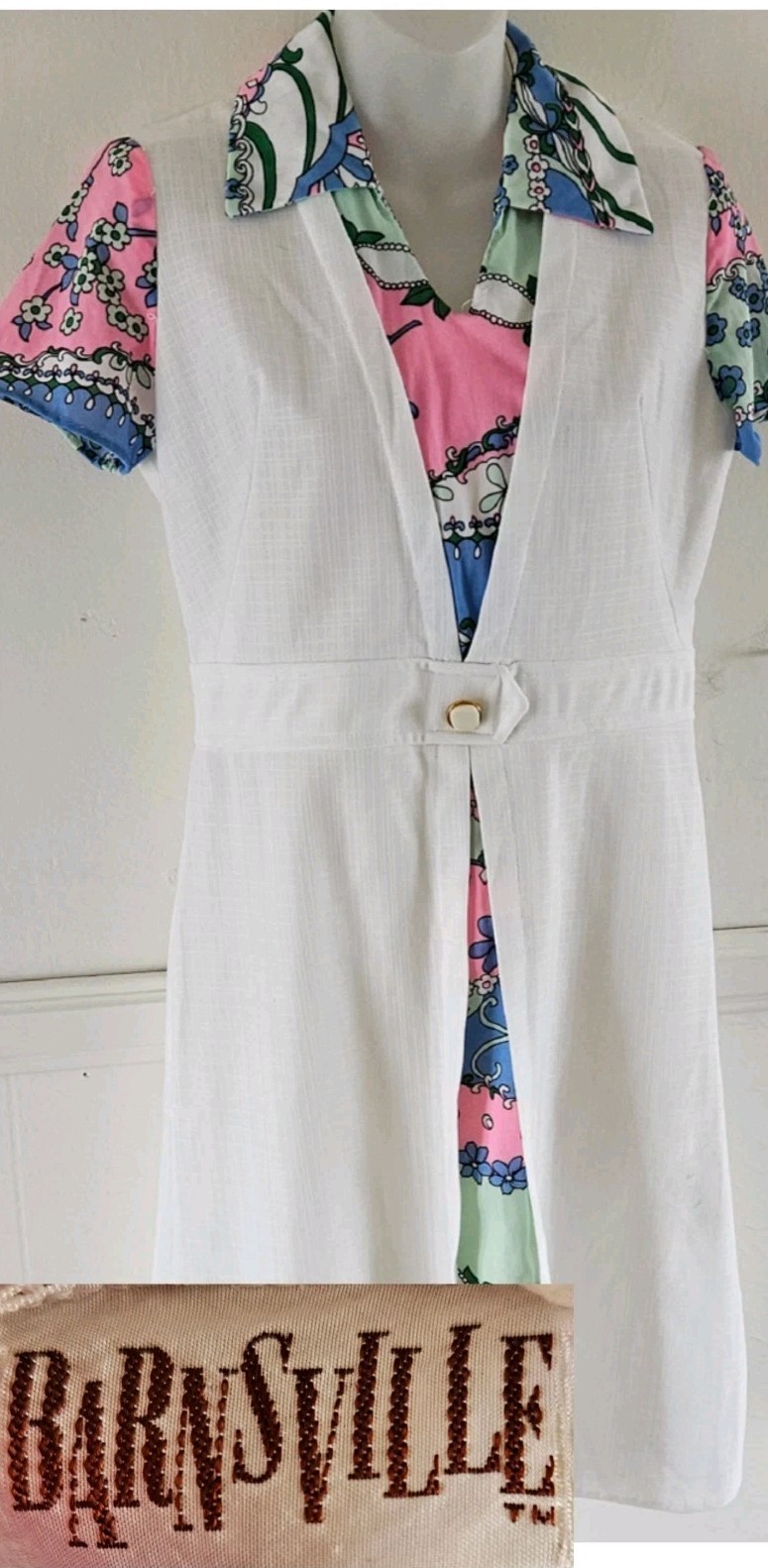 VTG 60’s Barnsville Womens Sz 10* 🦋 Collar White & Floral Spring Hostess Dress