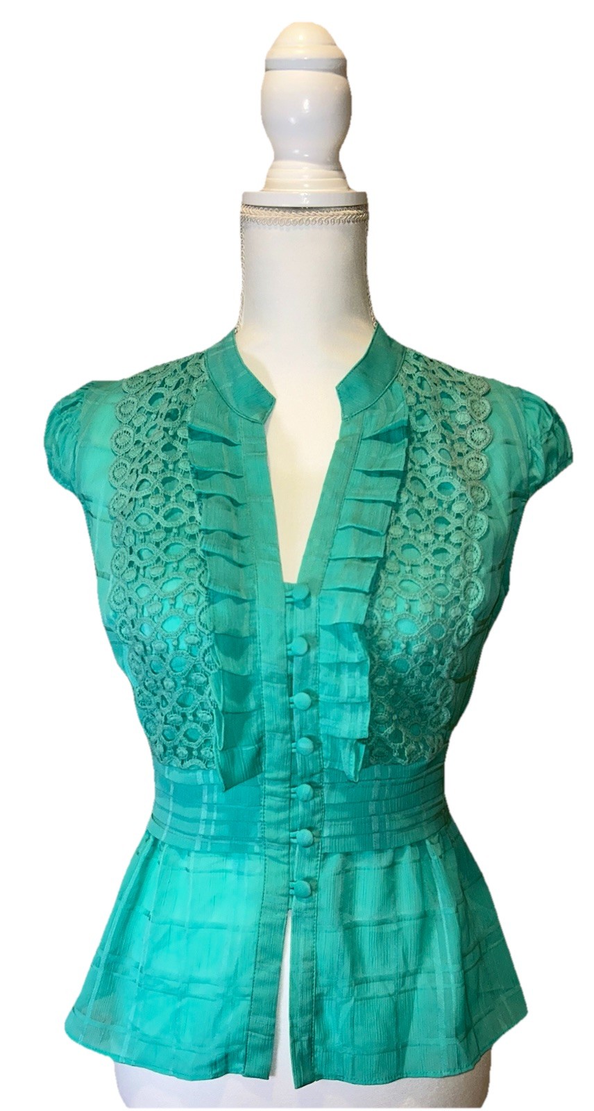 XOXO Teal Chiffon Peplum Blouse Vintage Y2K Eyelet Lace Ruffle Top Cap Sleeve S