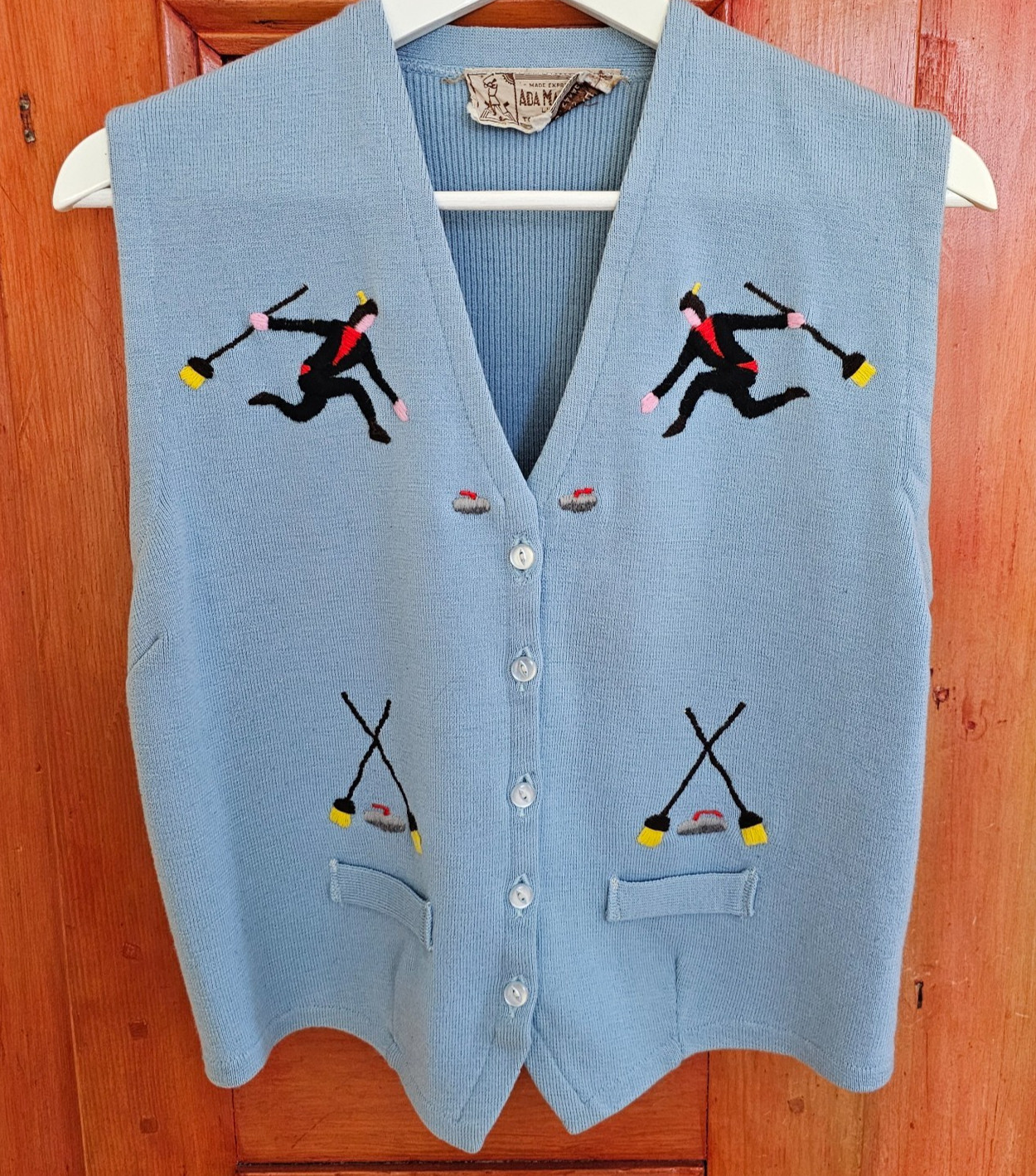 Vintage Blue Curling Sweater VEST by Ada Mackenzie Toronto Canada 18 X 23 inches