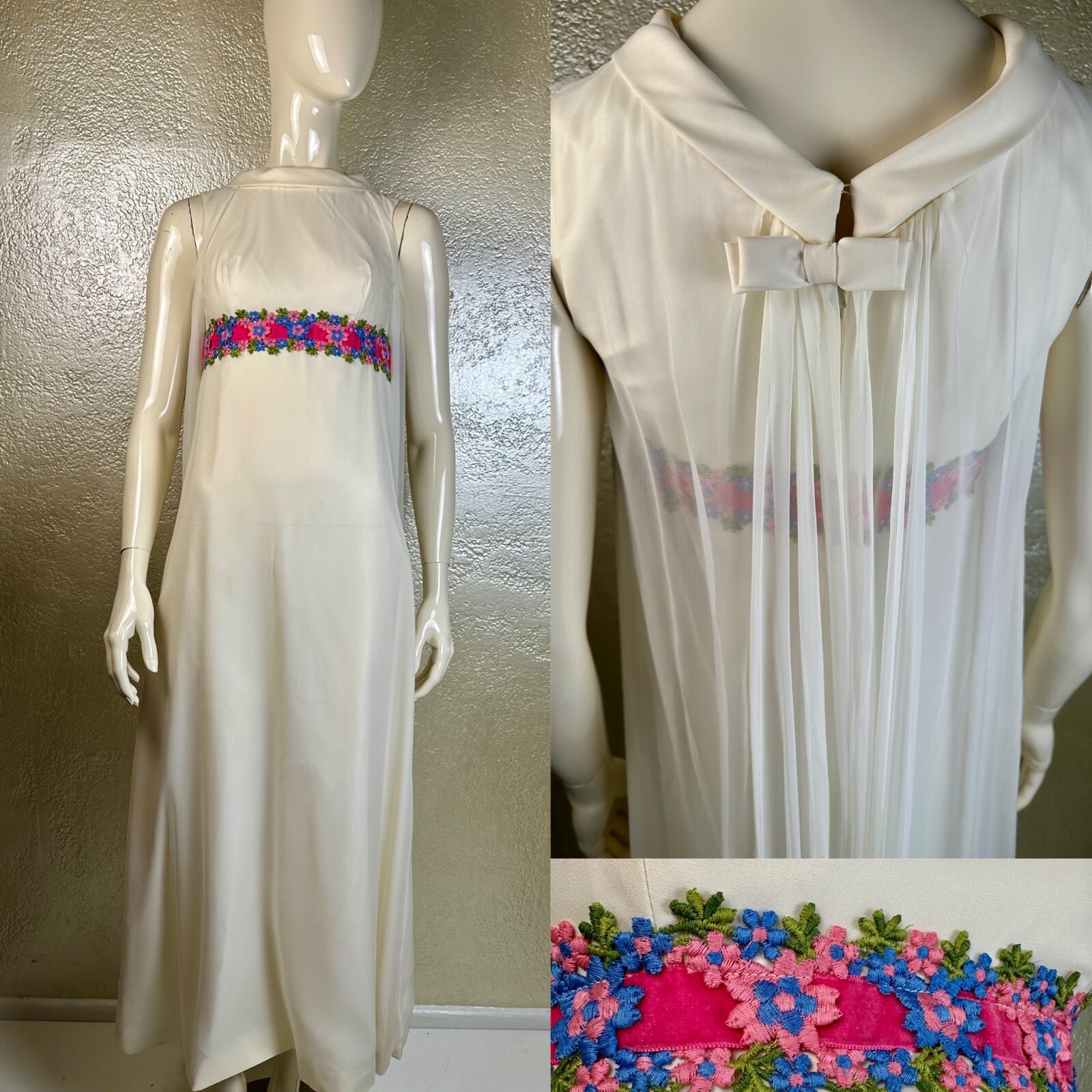 VTG 1960s White Sleeveless Chiffon Dress with Floral Embroidery Empire Waist