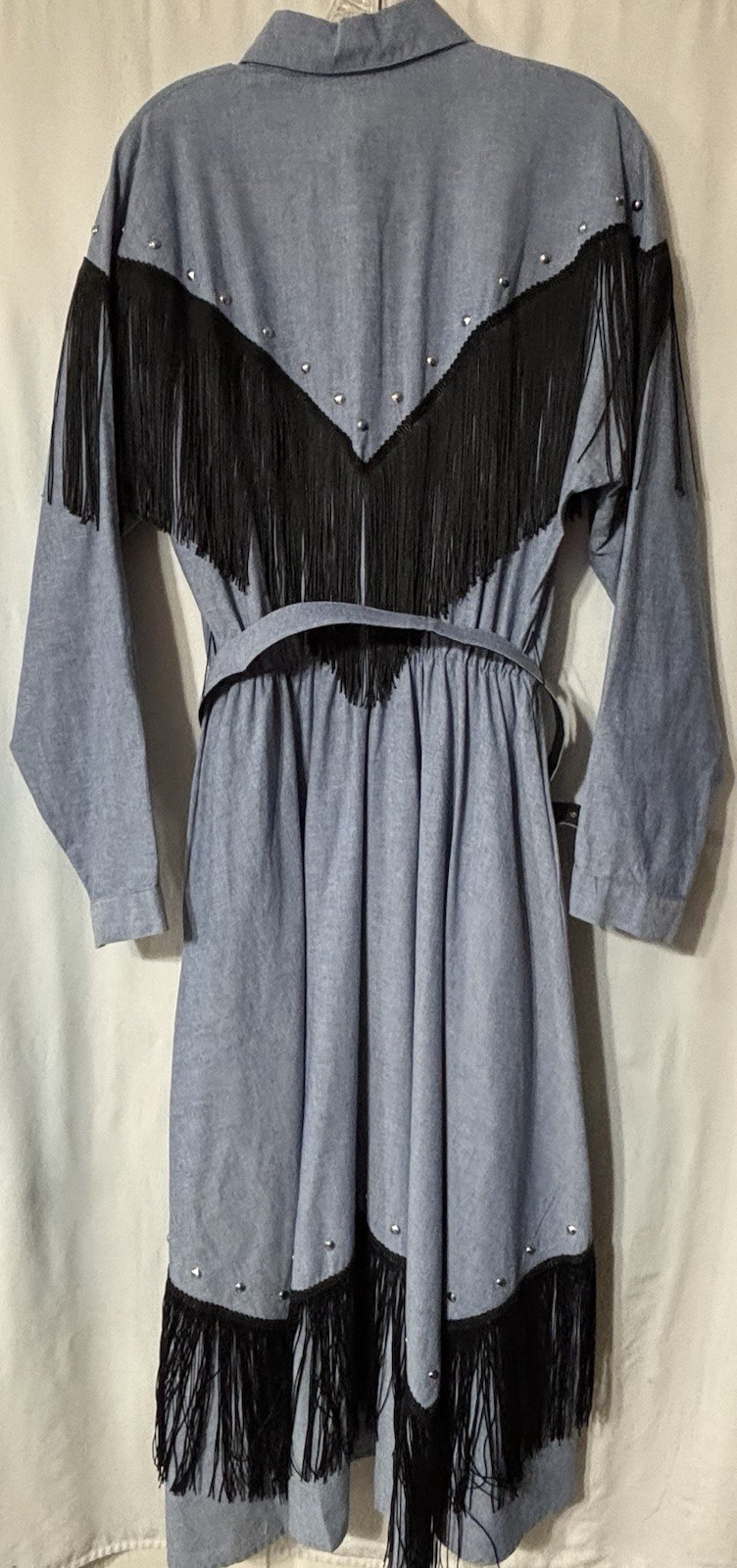 Vintage 80s Cowgirl Western Denim Fringe Midi Dress Large Button Up Long Sleeve