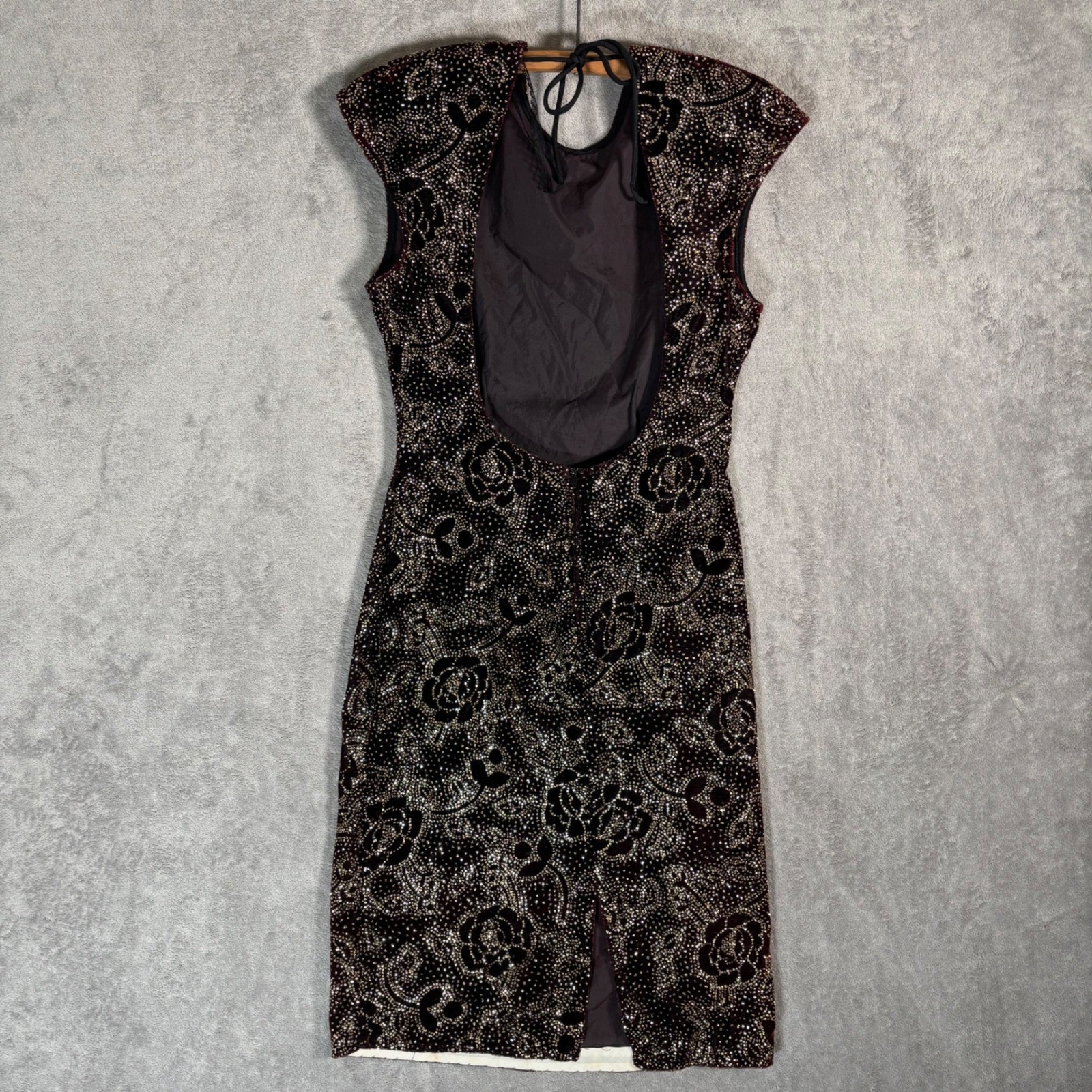 Climax Karen Okada Vintage 90s Open Back Glitter Floral Bodycon Dress Burgundy S