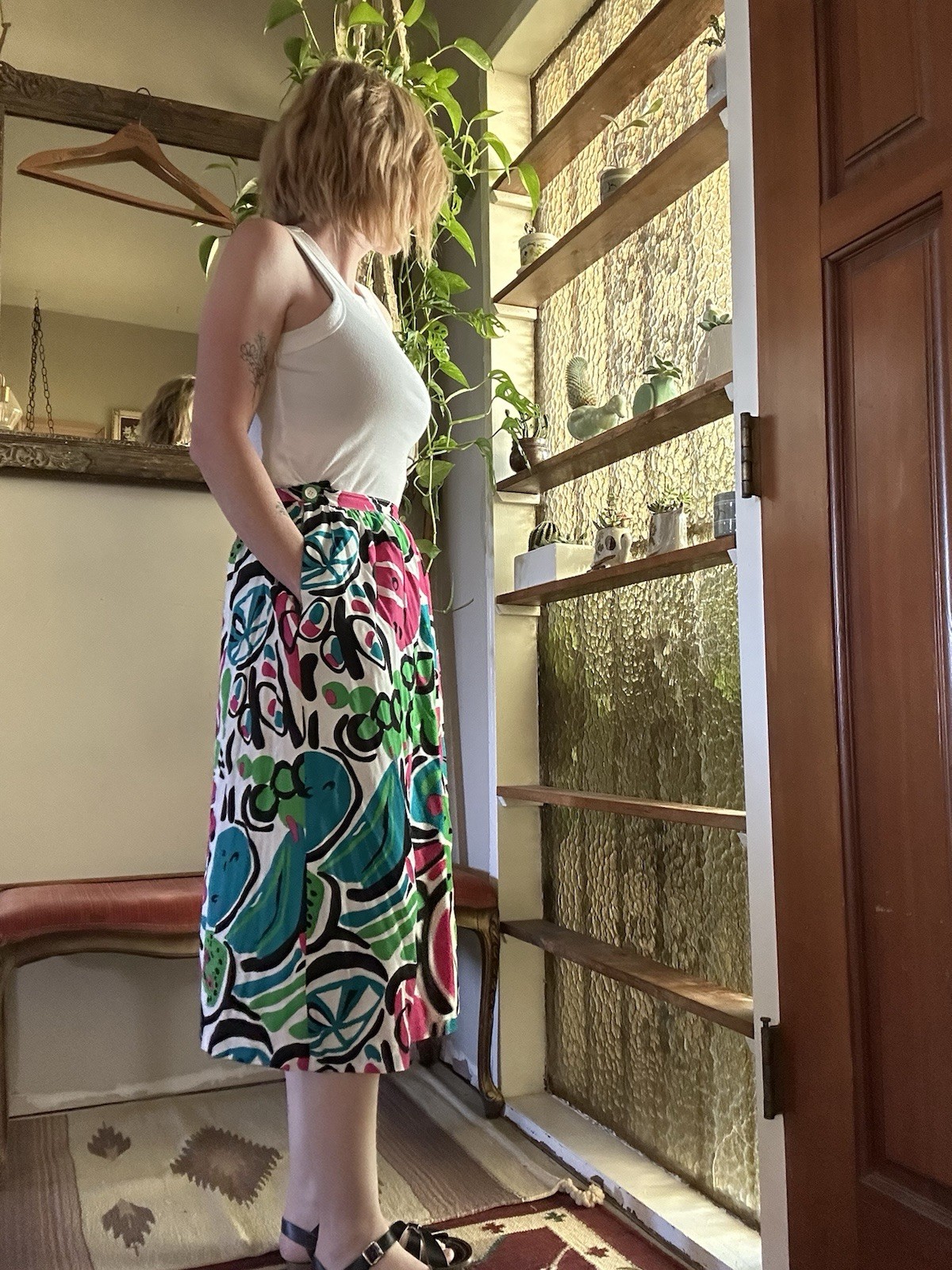 80s VTG Midi Skirt Colorful Pop Art Fruit Print Citrus S Pink Green Blue