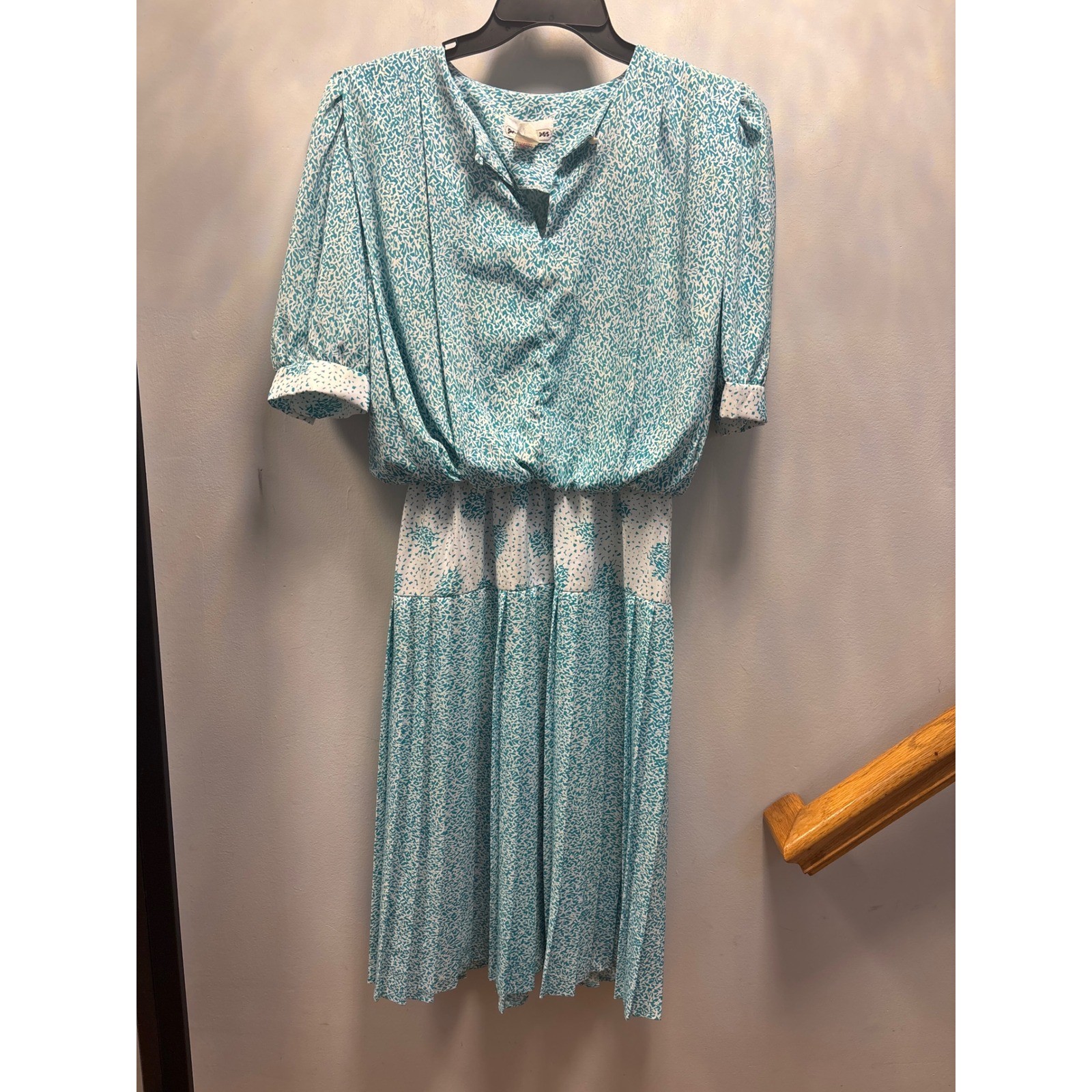 Perceptions Vintage 80s Teal White Abstract Print Pleated Midi Dress Size 7/8