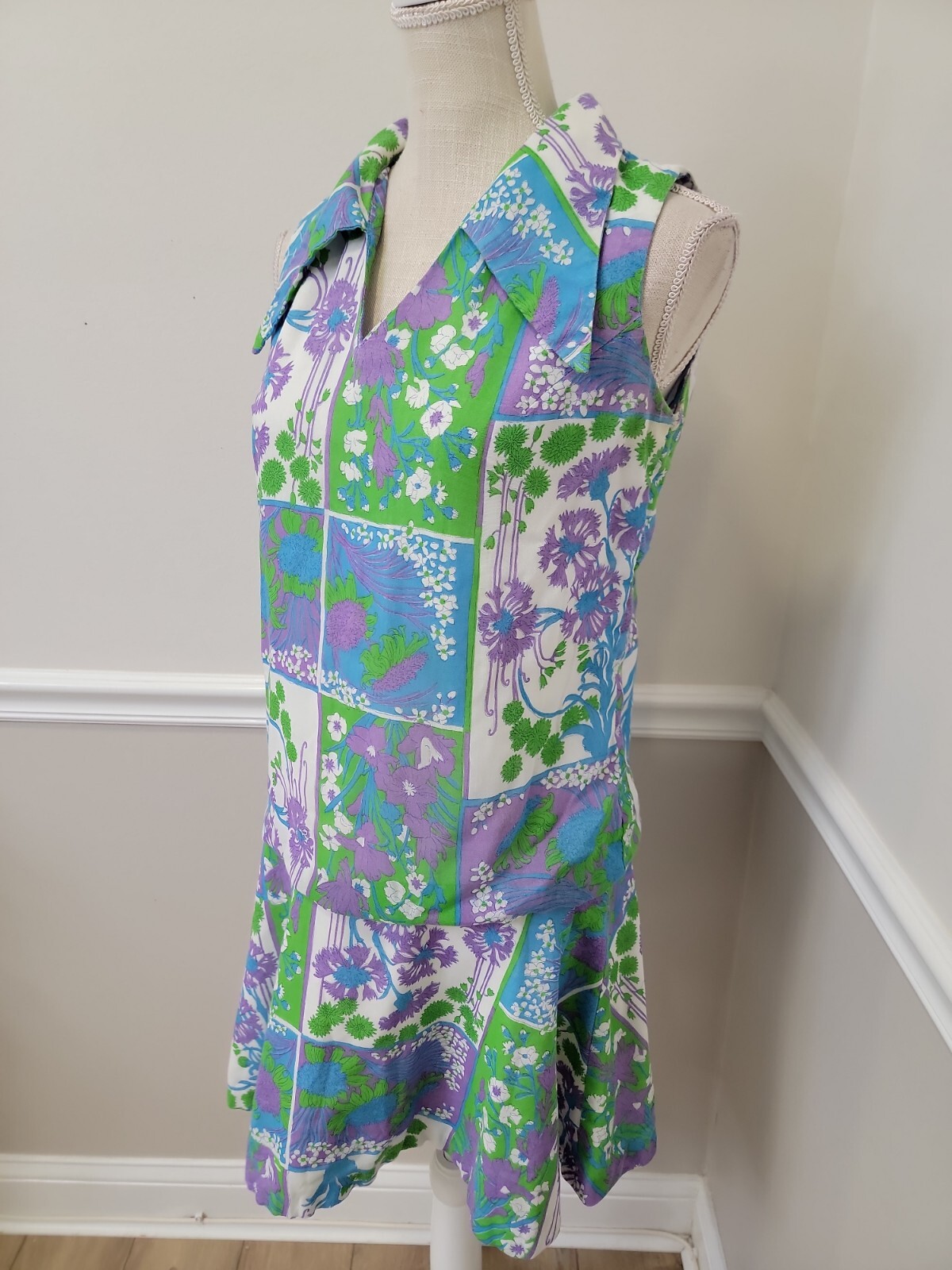 VTG ILGWU Psychedelic Green And Purple Floral Hippie Mod Gogo Retro Dress