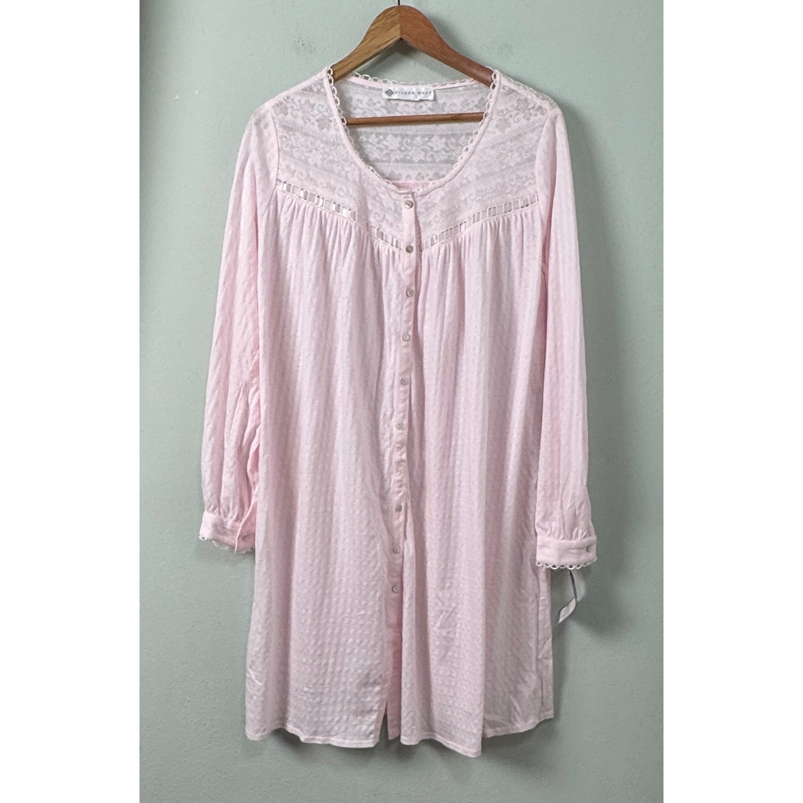 Vintage 1995 Eileen West Pink Lace Pointelle Cotton Long Sleeve Nightgown Large