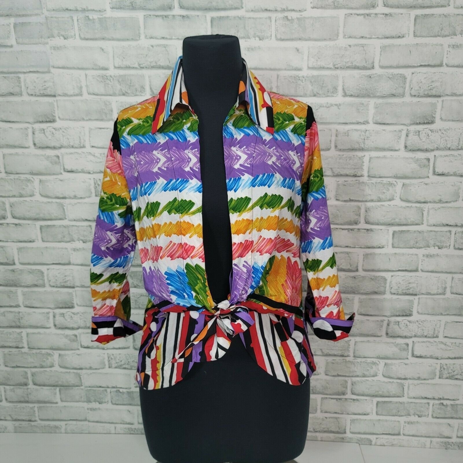 Mischa Womens Colorful Abstract Print Tie Open Front Cotton Popover Blouse M