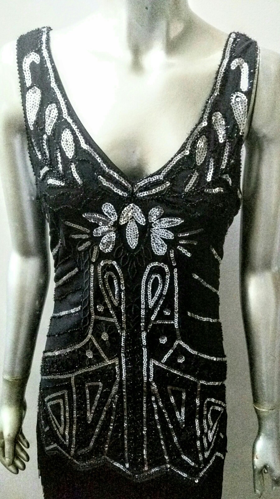 EMBROIDERED SILVER SEQUINS & BEADED OP ART TIERED FRINGED MOD FLAPPER DRESS S/M