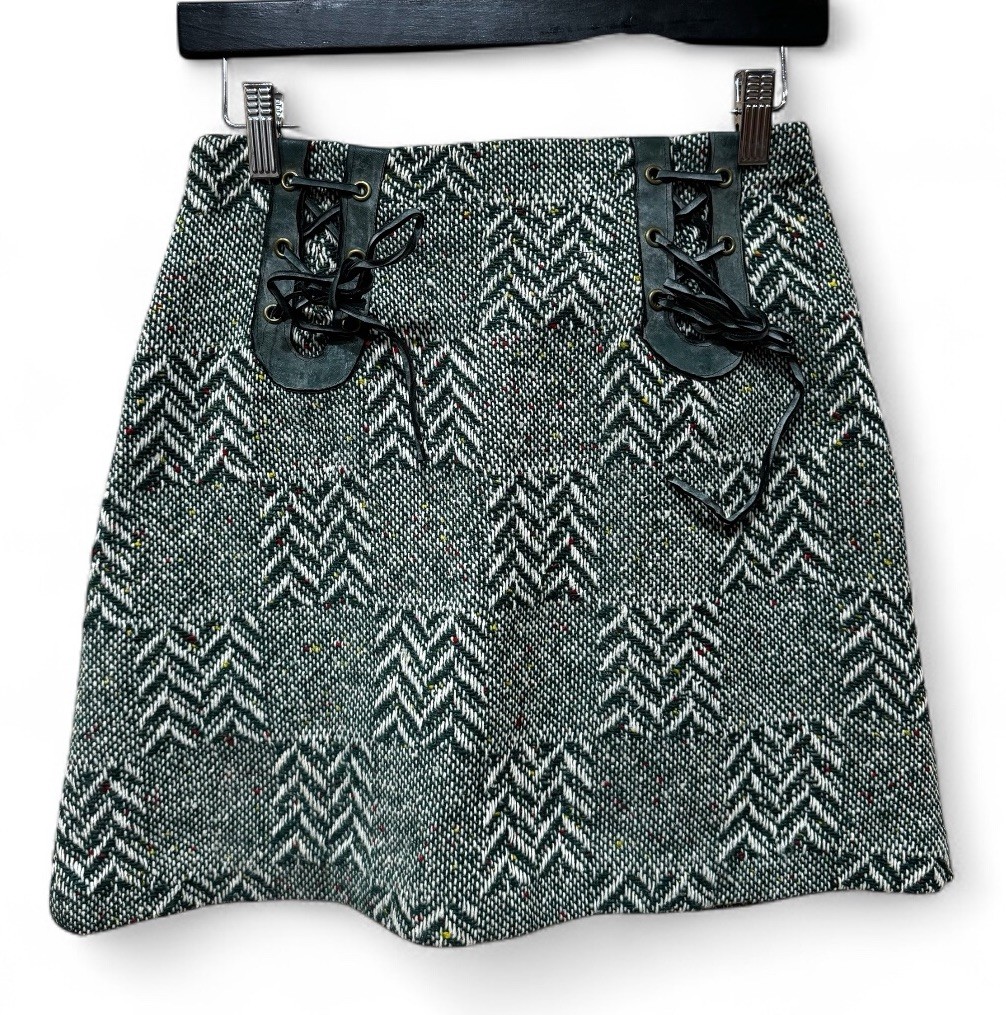 Vintage Green White Tweed Preppy Mini Skirt