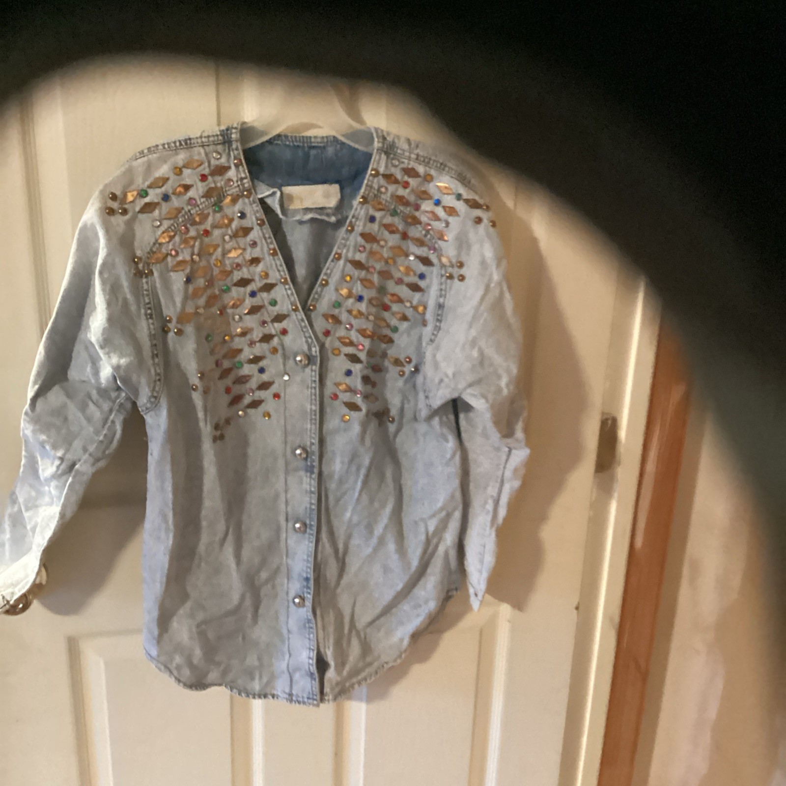 monique fashions Acid Wash Denim Jacket Womens S Blue Rhinestone Studded 80s