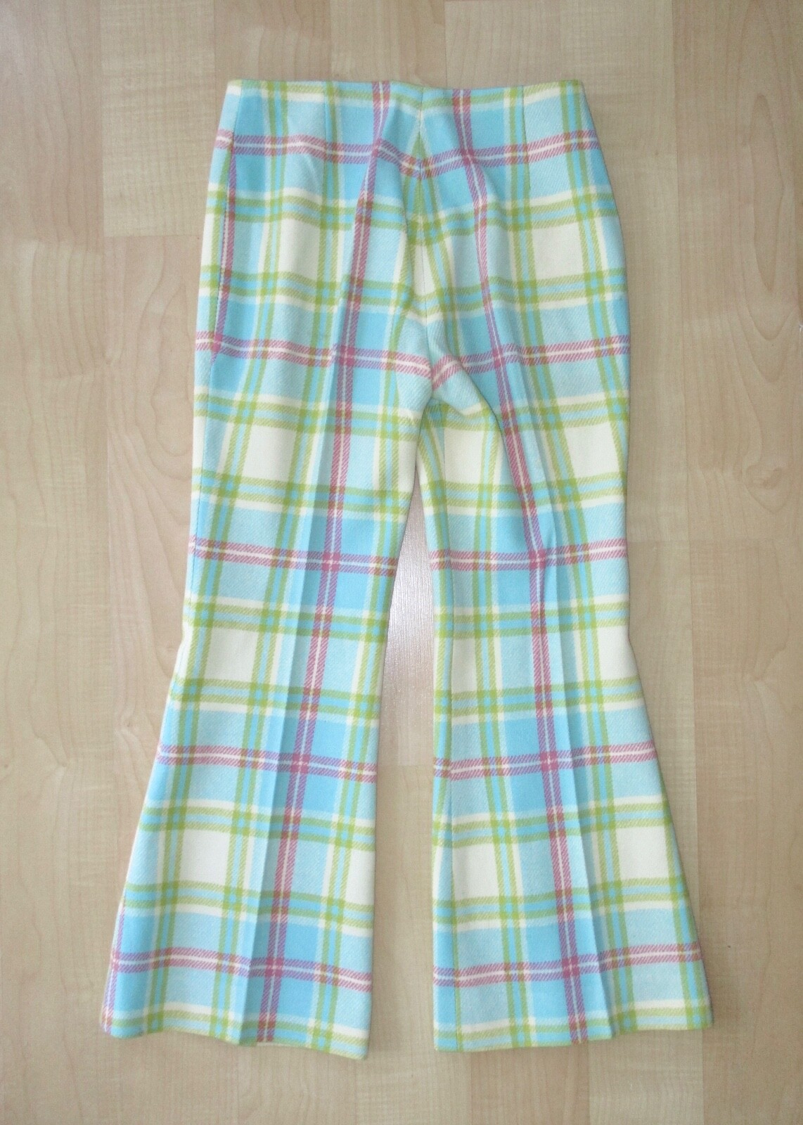 Vtg 60s Mod Blue Pink Green Plaid 2-Pc Bell Bottom Flare Leg Vest Pant Suit 7