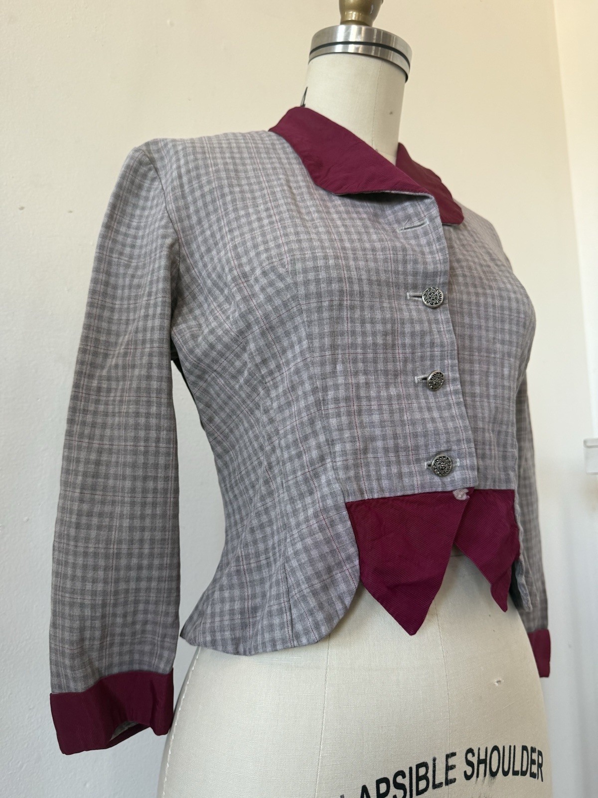 1940s Plaid Rayon Structured Peplum Jacket/Bodice Top W/ Contrast Faille Trim S