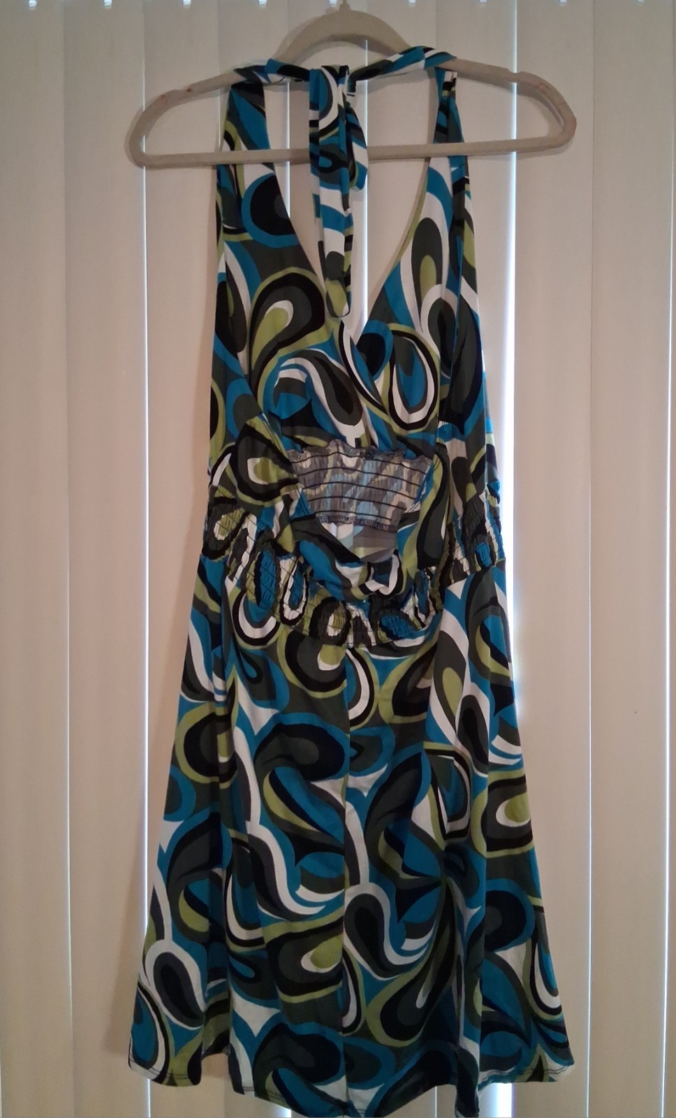 Vintage Vibe Y2K Teal Abstract Swirl Halter Top Midi Dress 2X Boho Smocked