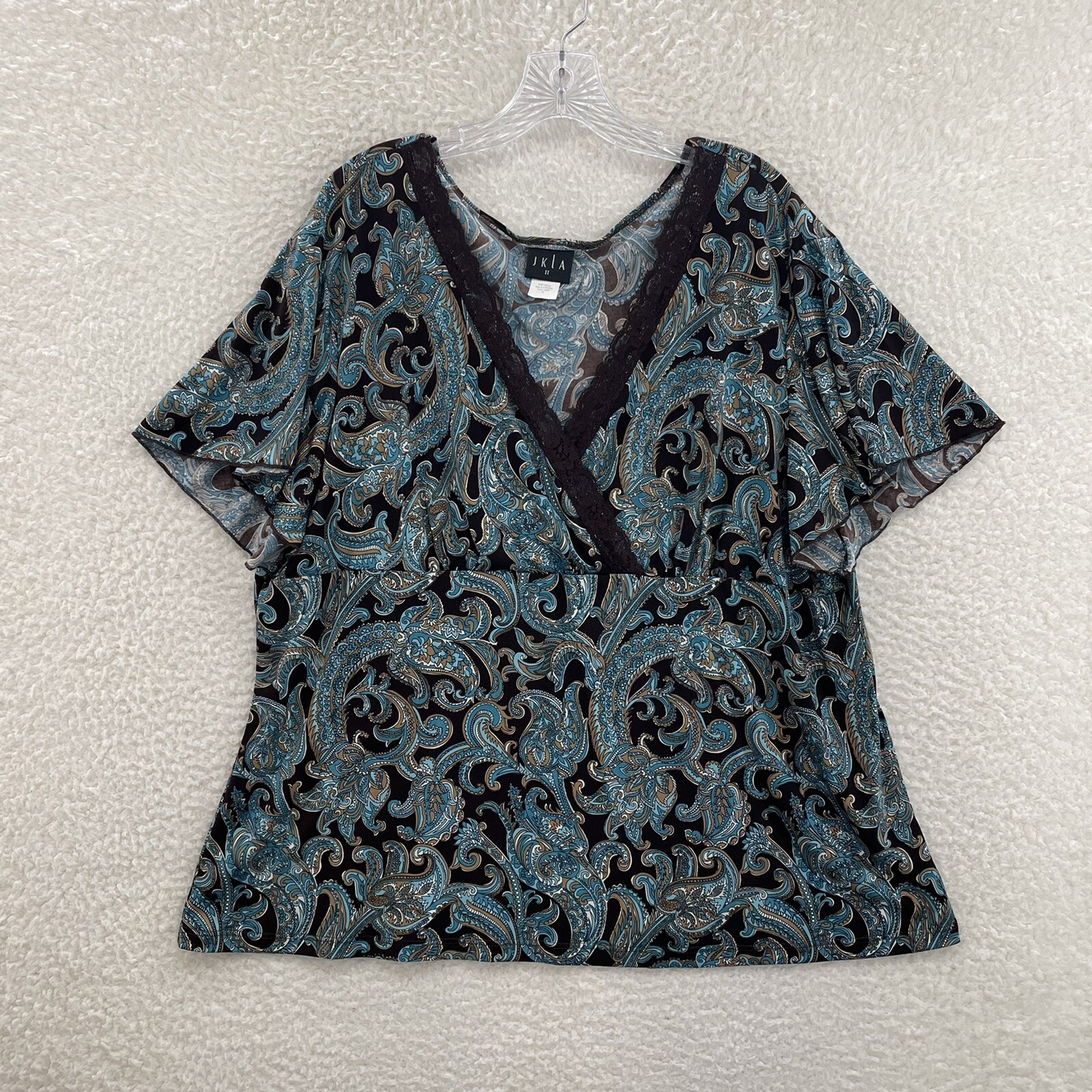 90s Y2K Vintage Top 3X 3XL XXXL Blue Brown Paisley Slinky Stretch Boho Bohemian