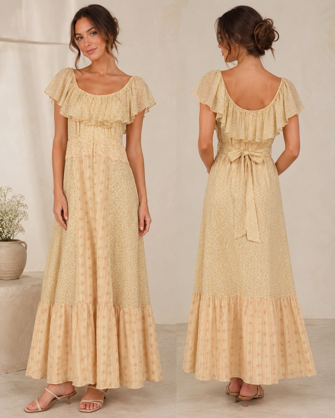 Rare Vtg 70’s Floral Lace Peasant Boho Ruffle Dress – Zum Zum Measures Sz 6 (M)