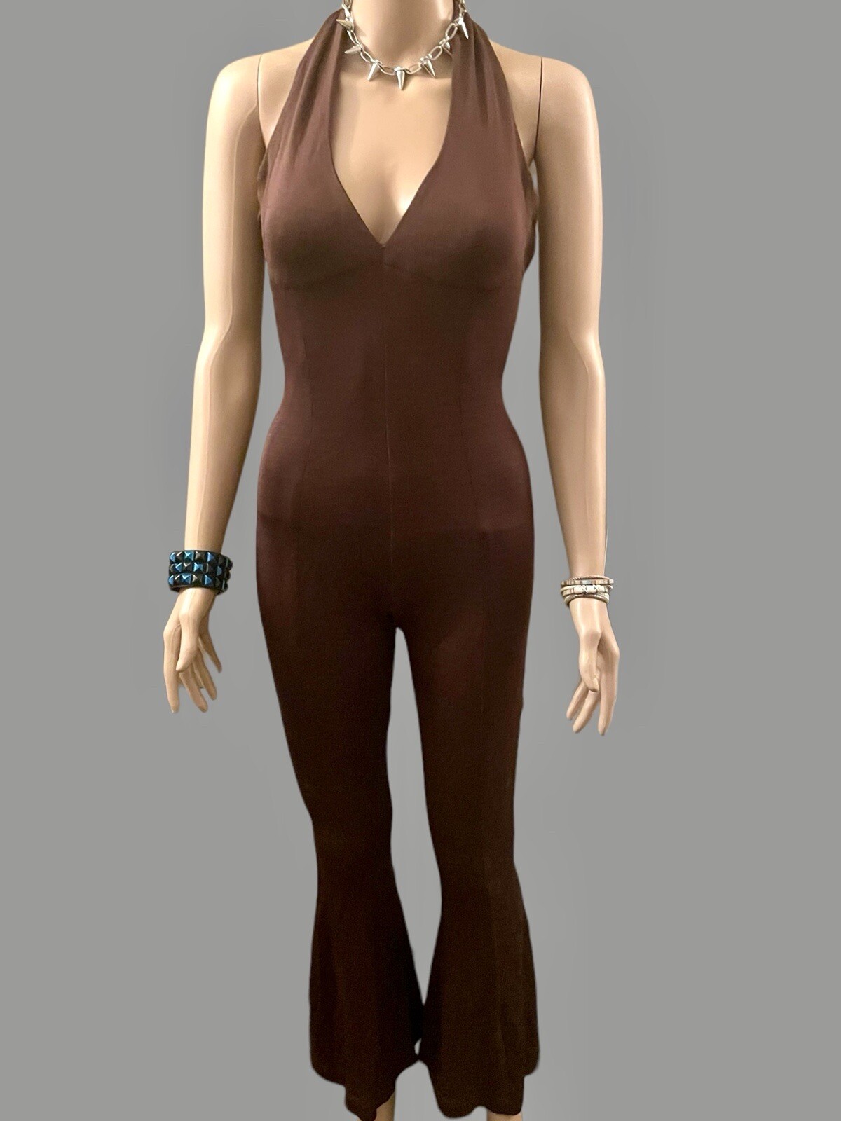 Scanlan Theodore Jumpsuit Vintage 90s Crepe Knit Halter Neck Flared Brown Size S