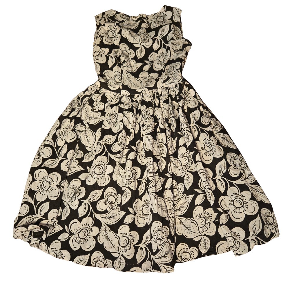 Gray And White Hibiscus Floral Vintage Knee Length Dress Side Zipper Full Skirt