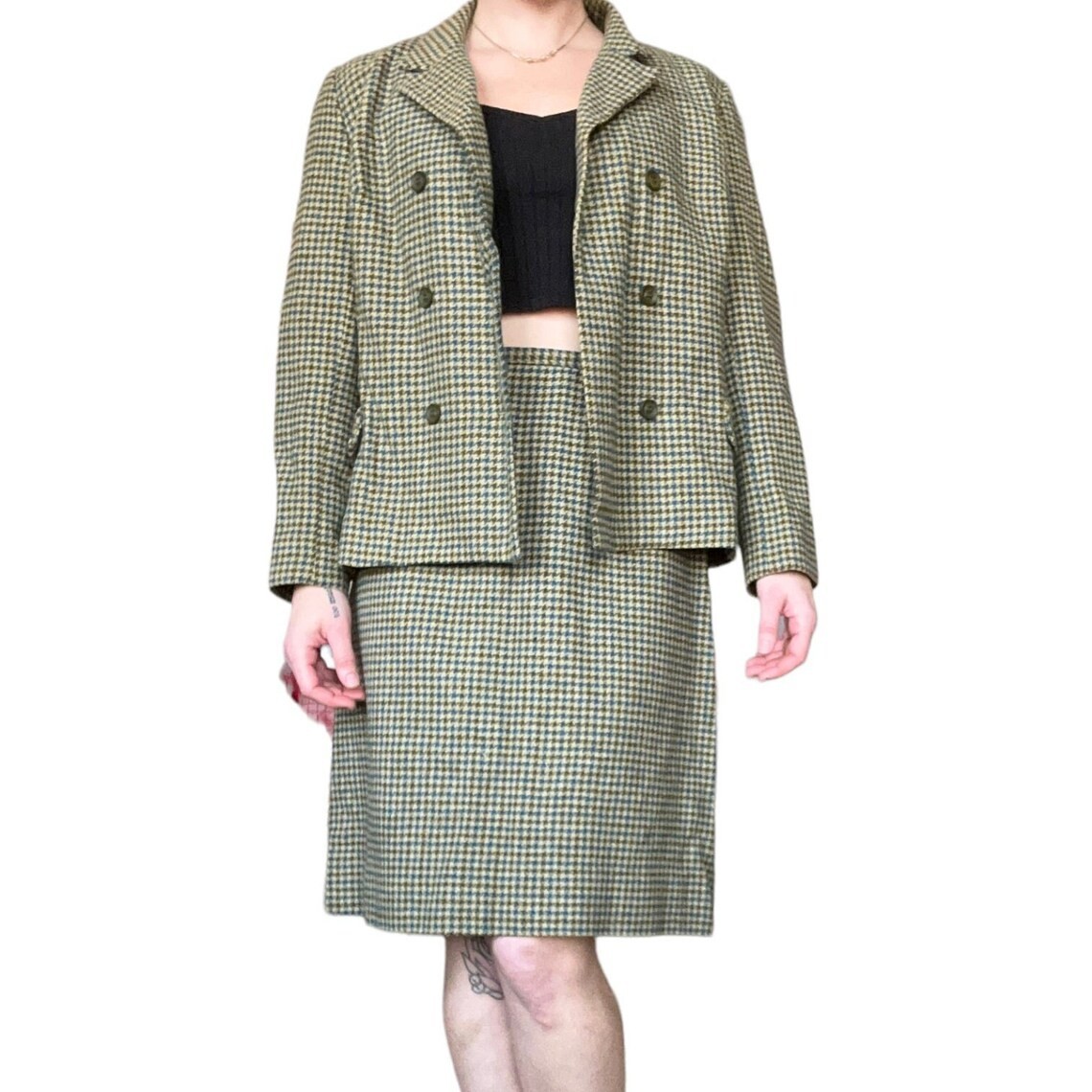 Vintage ’70s Century of Boston Houndstooth Tweed Wool Skirt Suit 30″ Waist