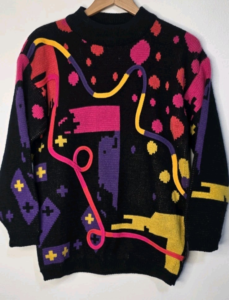 Vintage 80s Jamie Scott Retro Art Wear 3D Knit Sweater S Winter Polka Dot Crew