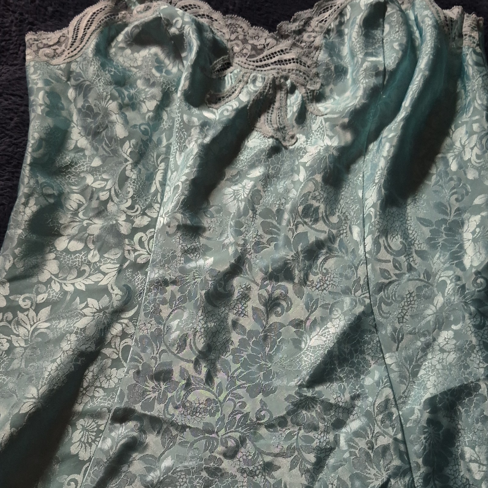 Adonna Light Blue Floral Satin Slip Lingerie Nightgown Vintage Lace Trim