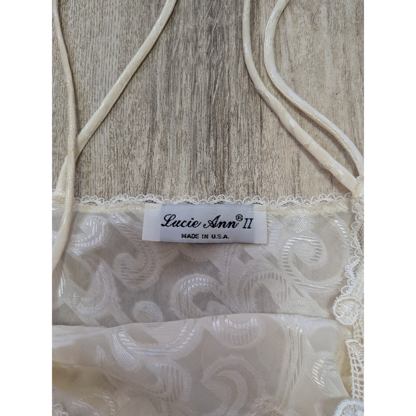 1980s Vintage Lucie Ann II Ivory Burnout Scroll Lace Mini Slip Bridal Size Large
