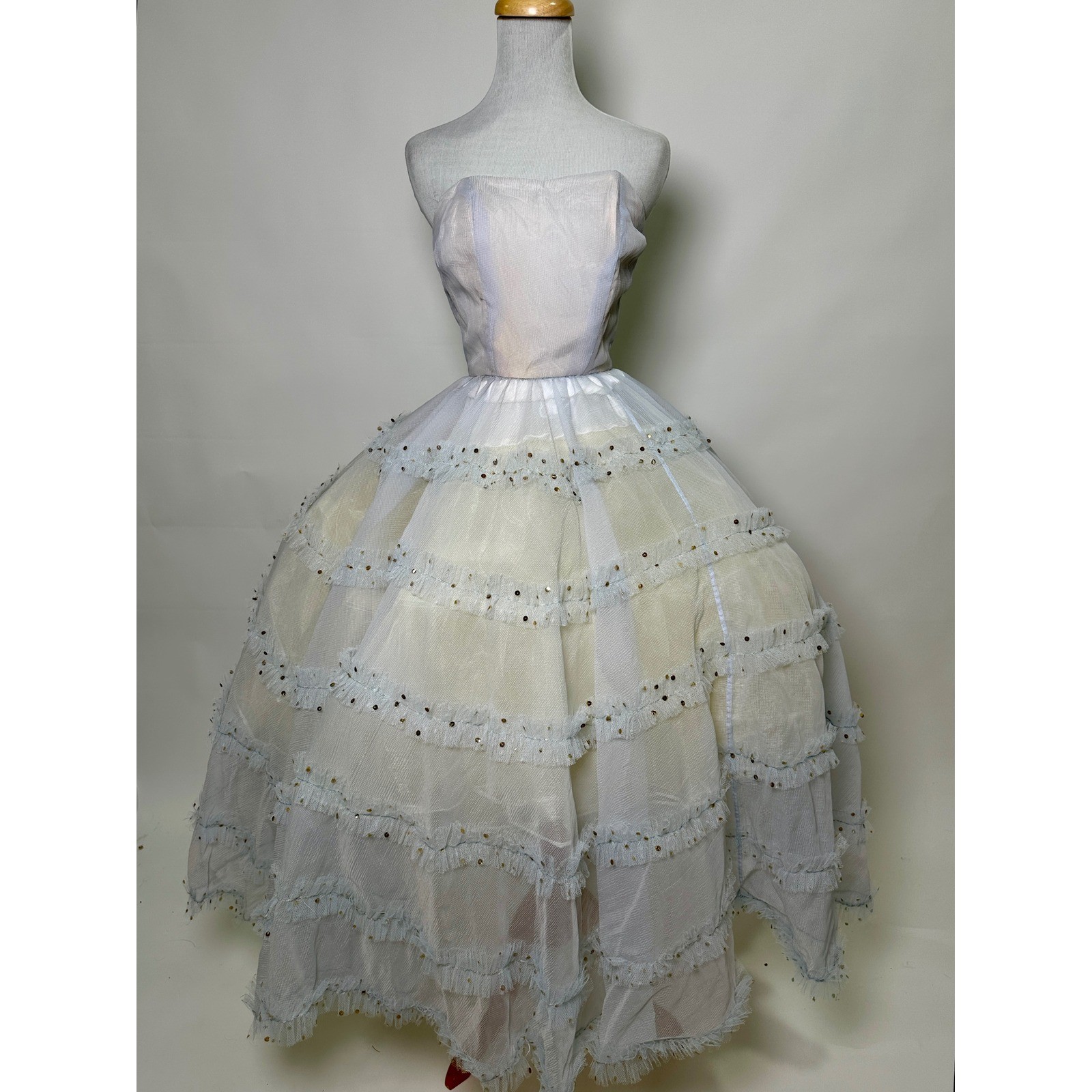 Vintage 1950s Pastel Baby Blue Tulle Ruffle Sequin Strapless Prom Party Dress