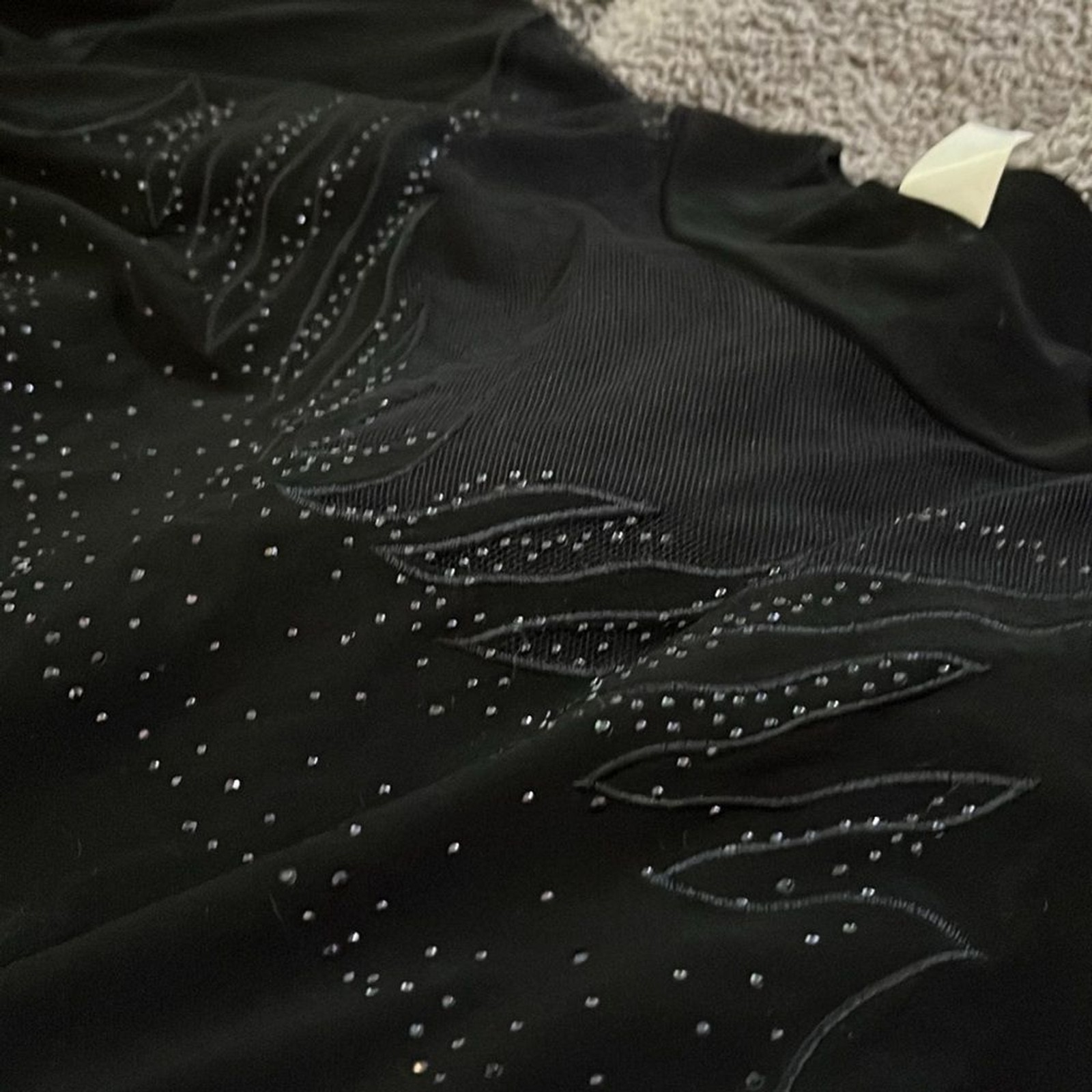 Vtg 80s-90s Art Deco Sheer Mockneck Rhinestone Padded Shoulder Blouse Black L