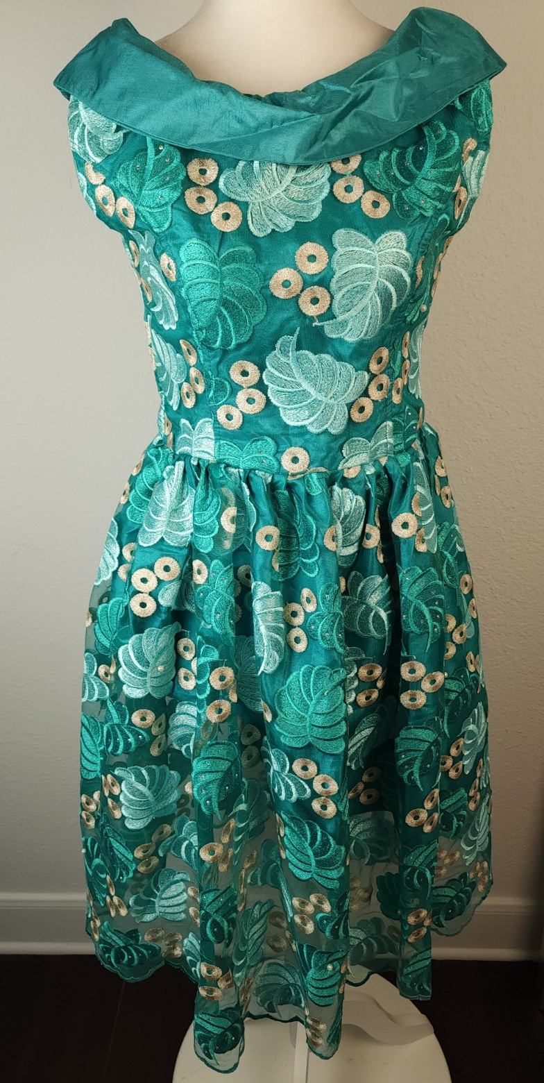 Vintage 1960s Tiki Lounge Cocktail Dress Handmade Hawaiian Resortwear Teal