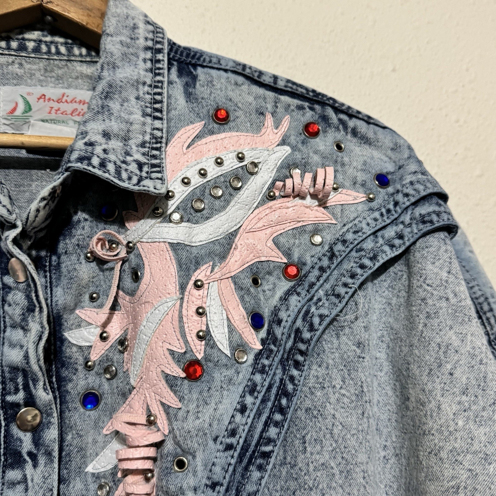 Vintage 80s Amdiano Italia Denim Acid Wash Jumpsuit size Medium pink leather gem