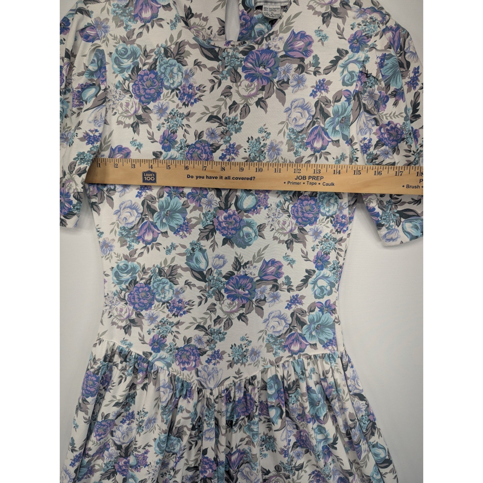 Vintage S. Roberts Floral Midi Dress Blue Purple V-Waist Cottagecore Size 10