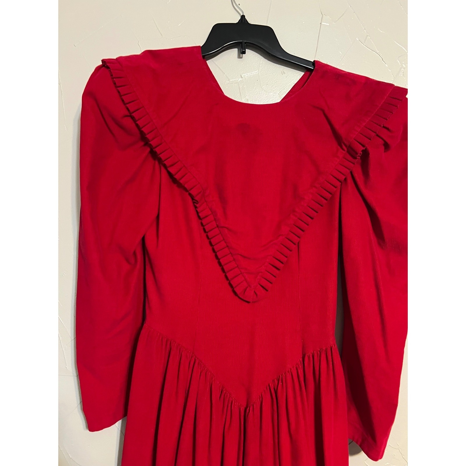 Leslie Lucks Corduroy Dress Women S Red Good Vintage 80s Ruffle Basque Midi