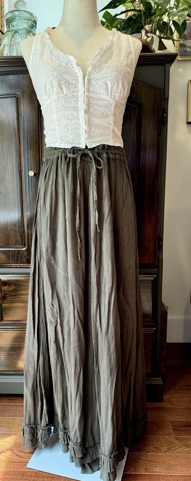 Sz L XL Vintage Olive Green Broom Stick Maxi Skirt Gauze Ruffled Full Peasant